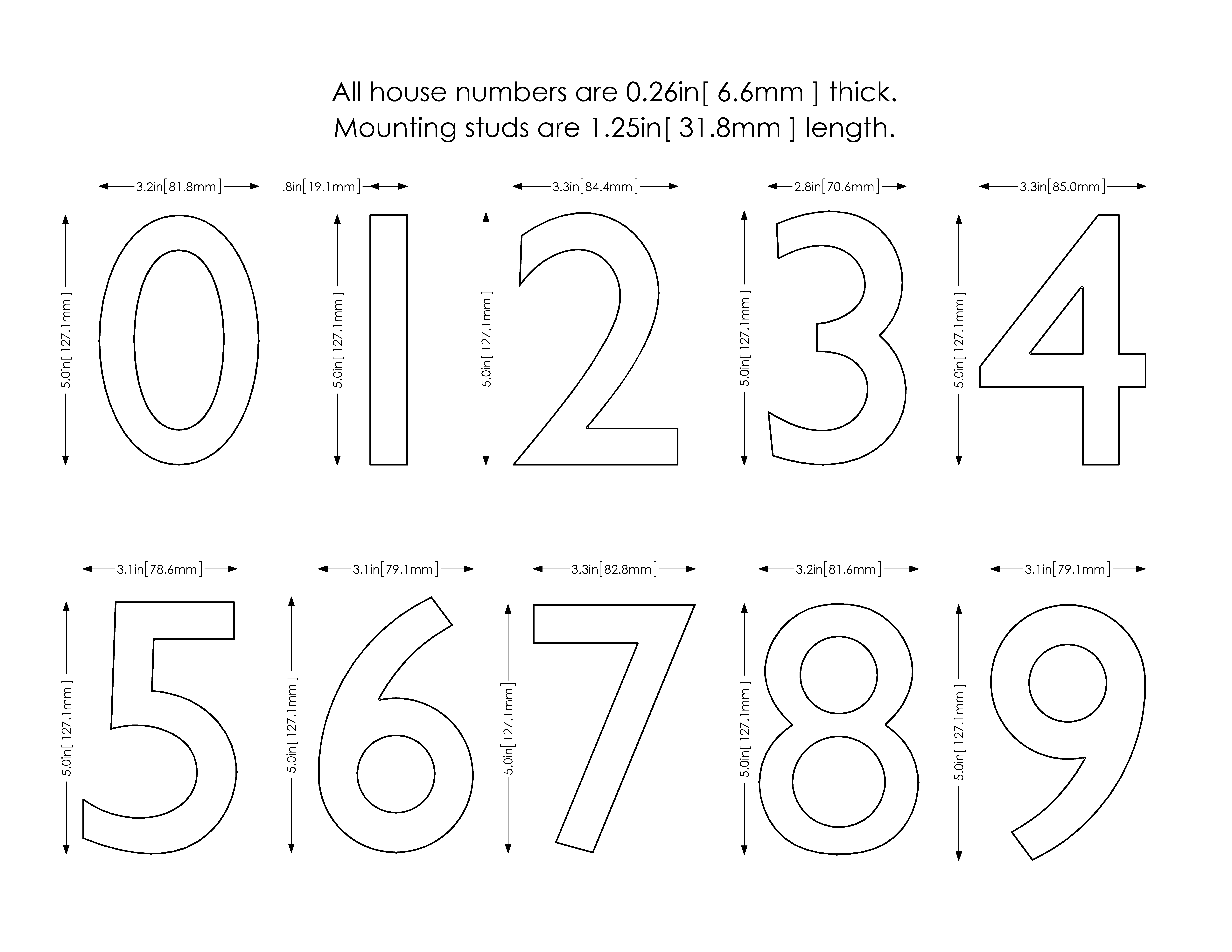 Outline digits 0–9 arranged in two rows with dimension arrows showing width and height for each numeral (in inches).