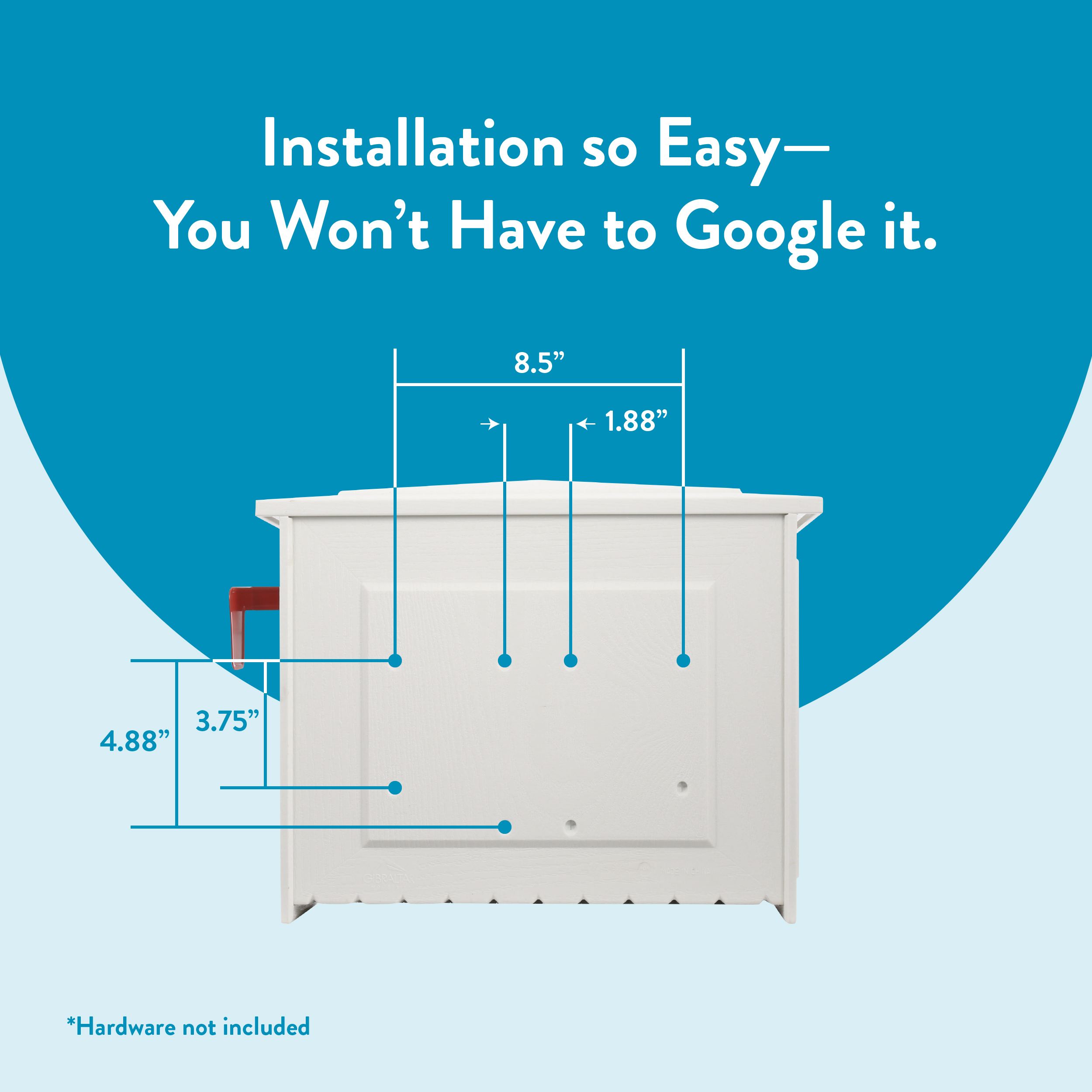 Infographic promoting easy installation for a white appliance, with dimension arrows (8.5” width, 1.88” gaps) and notes: 4.88” and 3.75” heights; blue backdrop and headline “Installation so Easy— You Won’t Have to Google it.” Hardware not included.