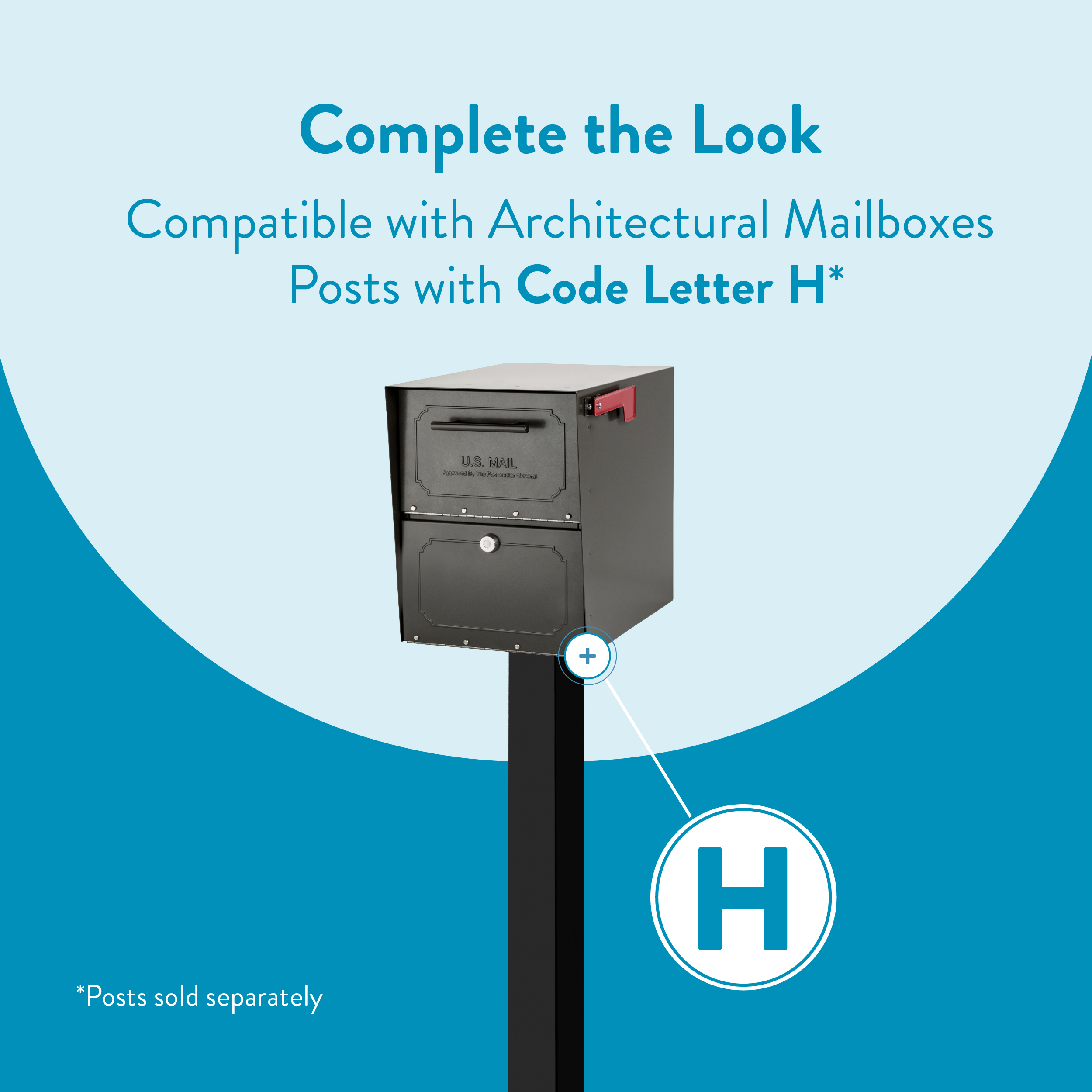 Promo image showing a black mailbox on a post with an H badge, advertising compatibility with Architectural Mailboxes Code Letter H posts.