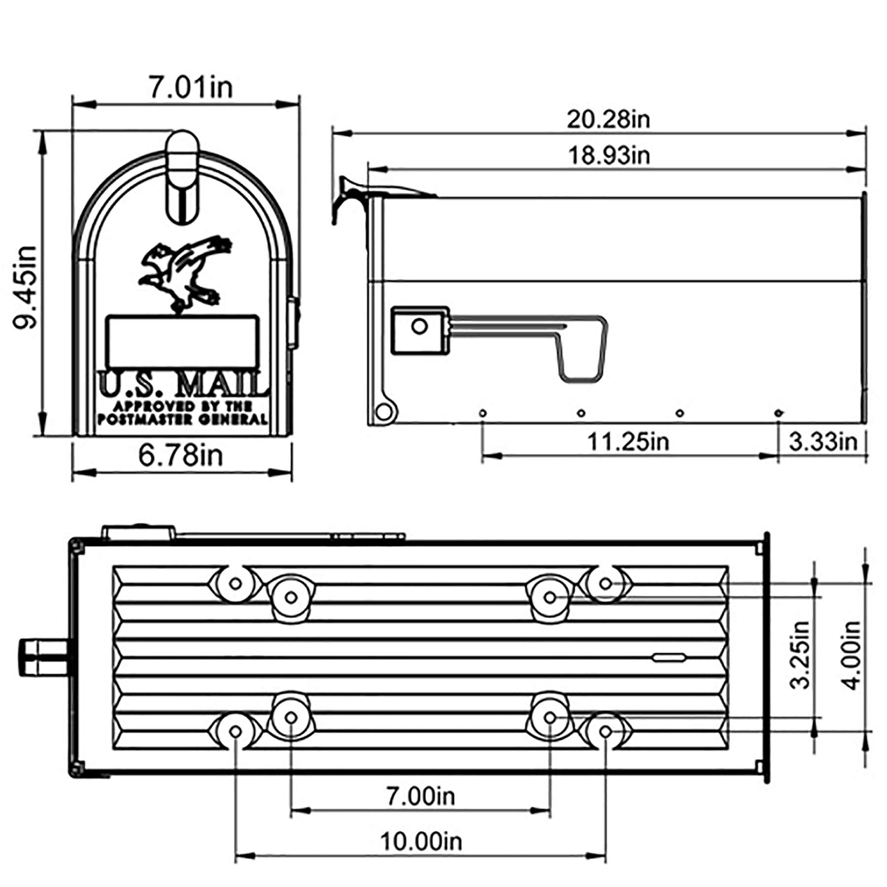 Technical drawing of a lockable mail drop box with front and side views and installation dimensions.