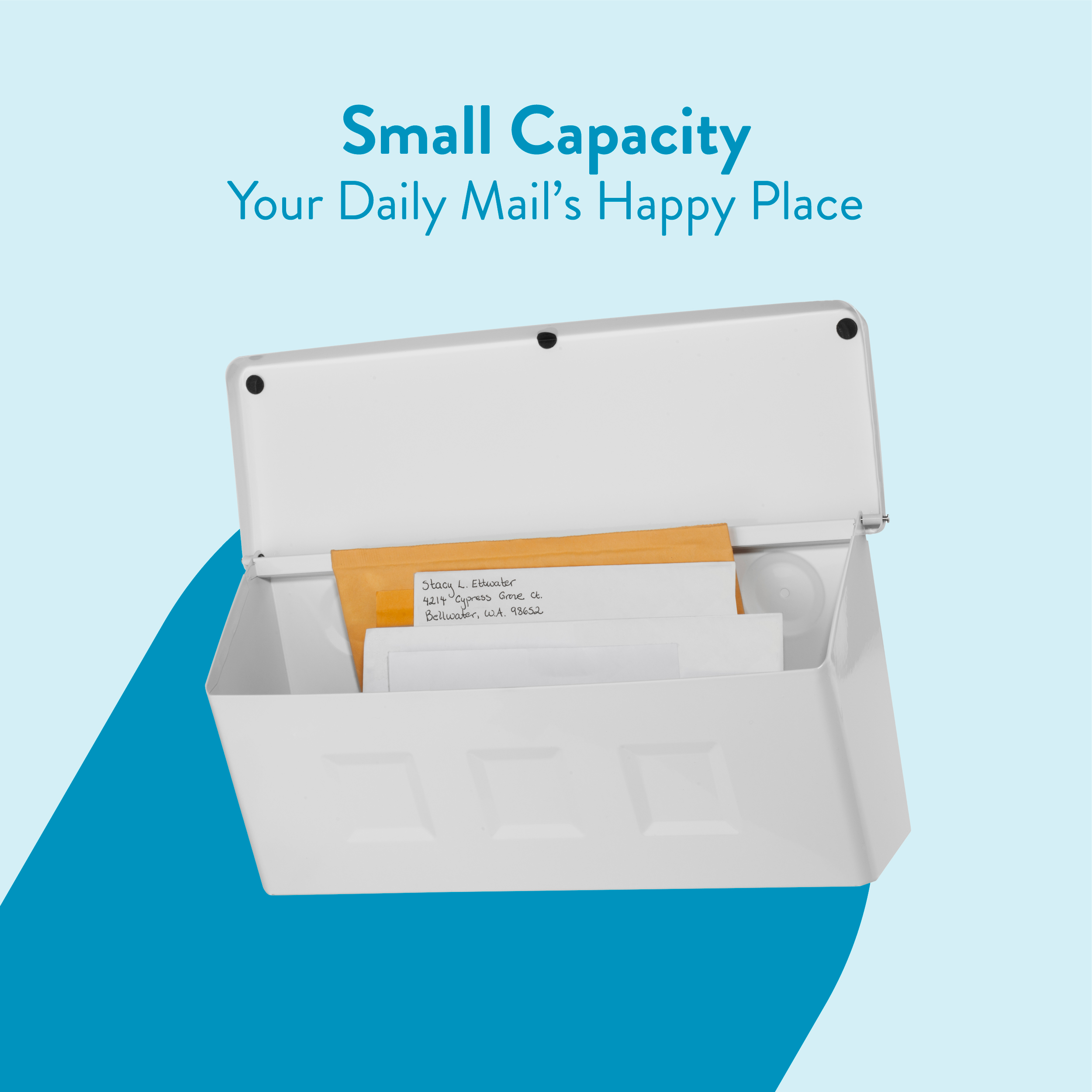 Small white mail organizer with compact slots holding letters, on a blue background with bold promo text above.