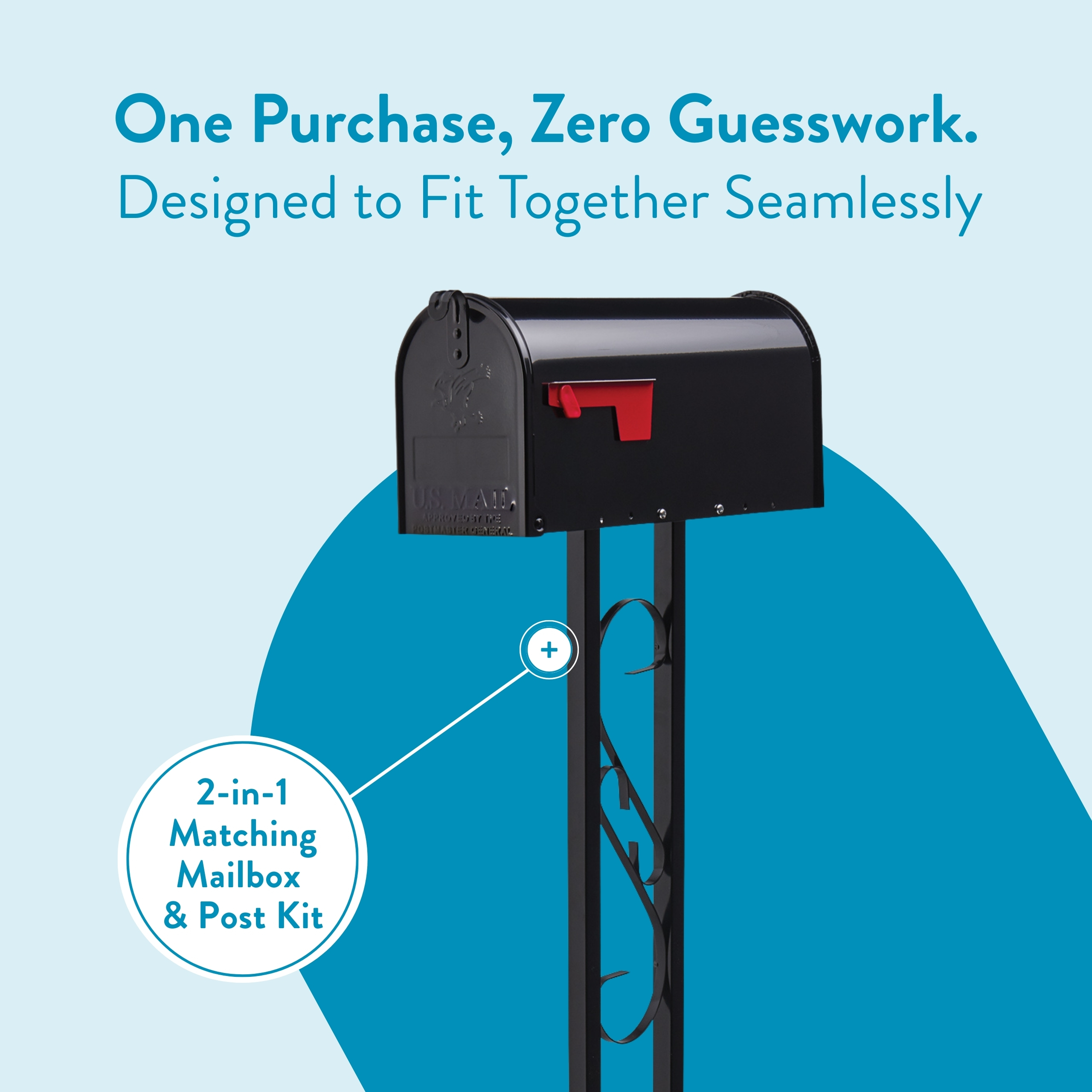 Promotional image for a 2-in-1 matching mailbox and post kit with a black mailbox on a post and a blue circular backdrop; highlights seamless fit and single purchase messaging.