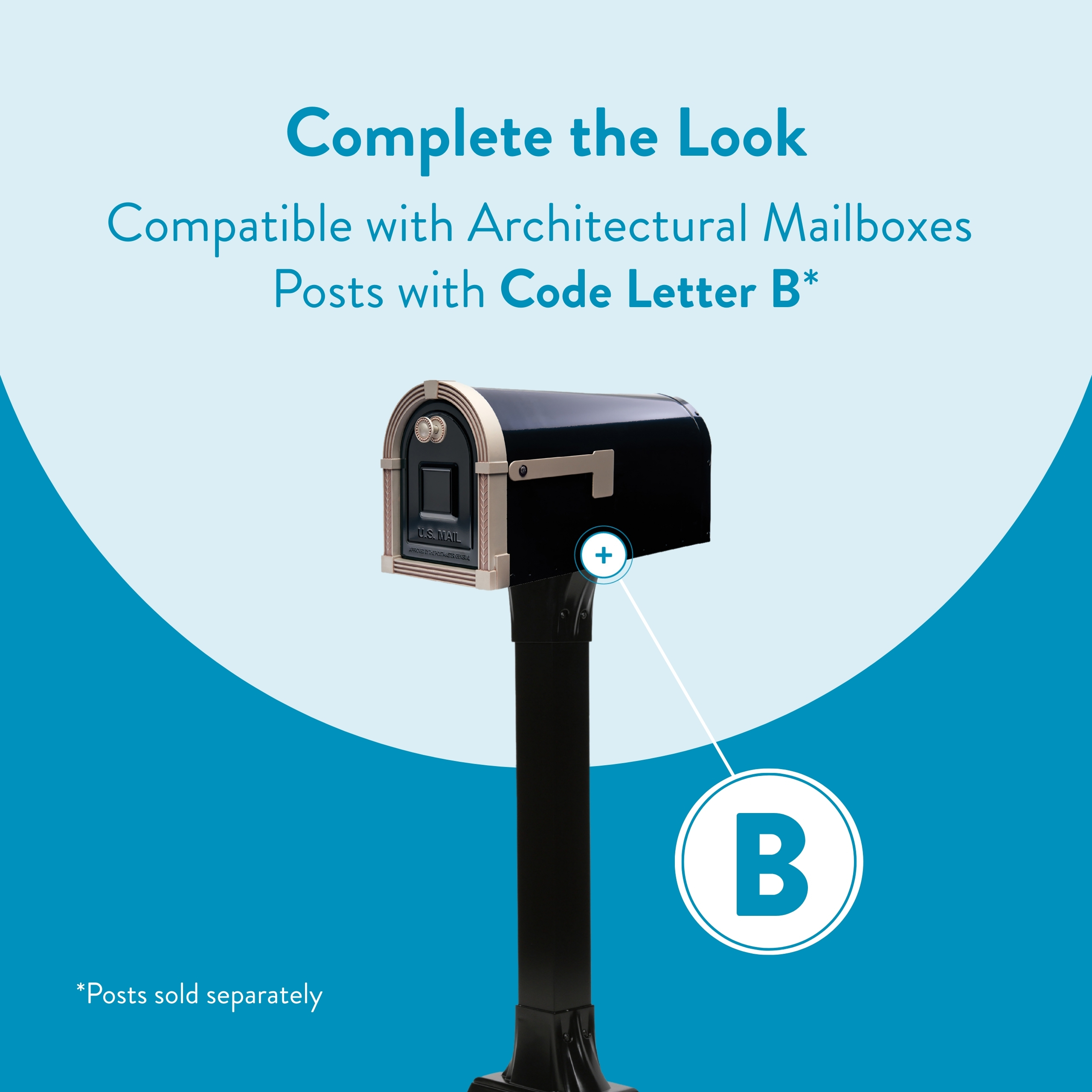 Promotional banner advertising Code Letter B posts for compatible architectural mailboxes, showing a black mailbox on a stand with a blue B badge and large text above.