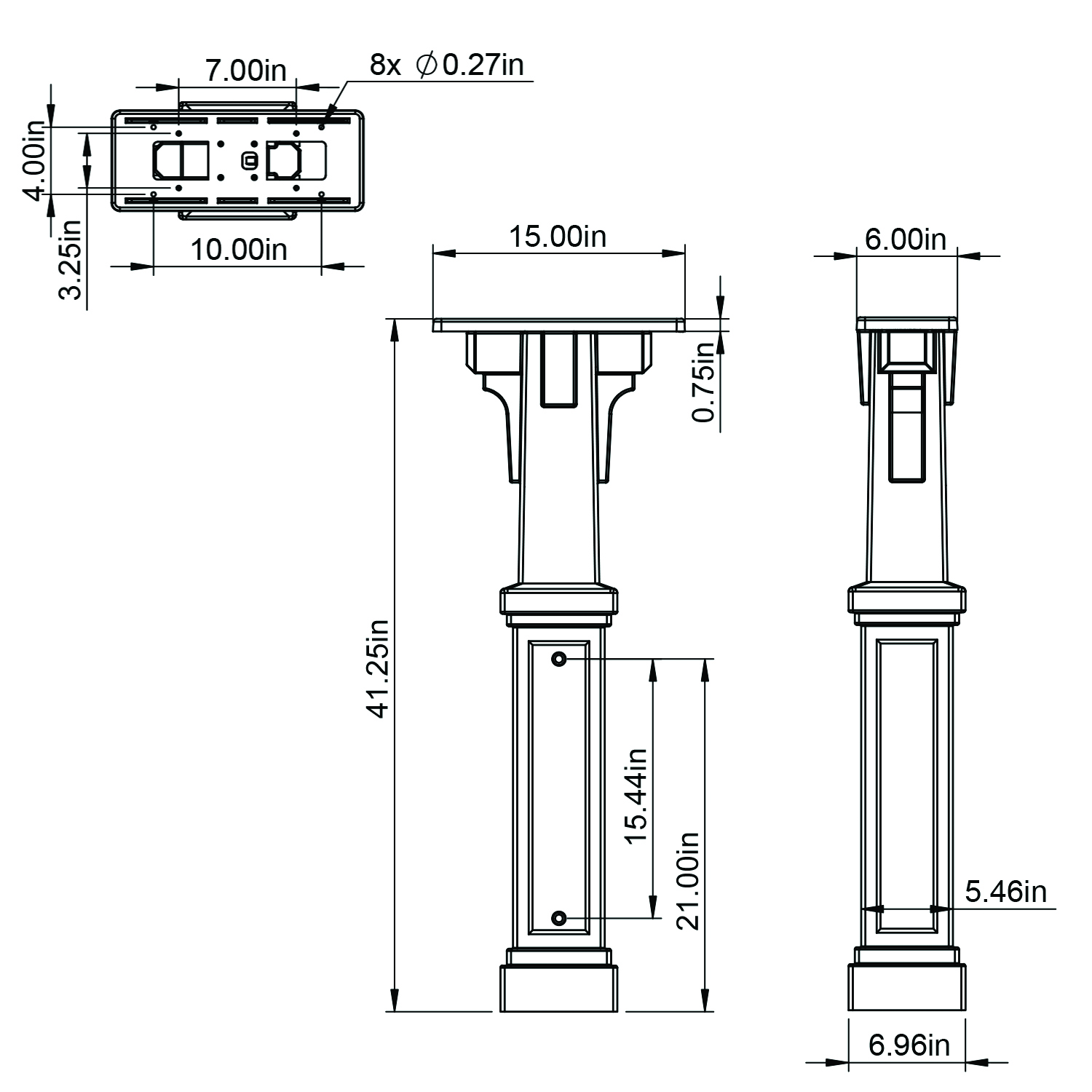 Technical drawing of a pedestal mounting stand showing top, side, and front views with dimensions (overall height 41.25 in, base 6.96 in, top plate 15 in deep). Includes hole pattern and 0.27 in diameter holes.
