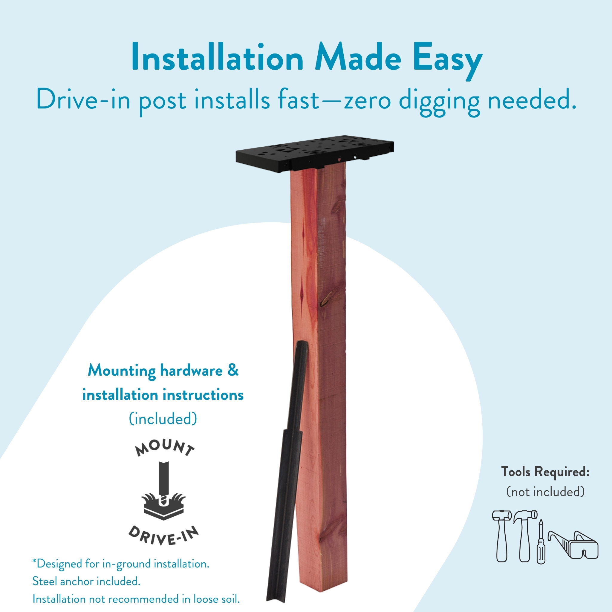 Promo image showing a tall wooden drive-in post with a black mounting plate on top and bold text: 'Installation Made Easy' and 'Drive-in post installs fast—zero digging needed'.