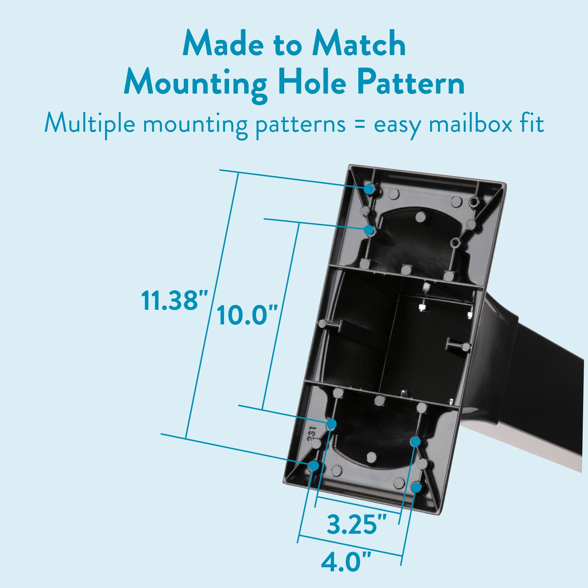 Graphic showing mailbox mounting bracket with multiple mounting hole patterns and measurements (11.38" and 10.0" vertical, 3.25" and 4.0" horizontal) to indicate easy fit for various patterns.