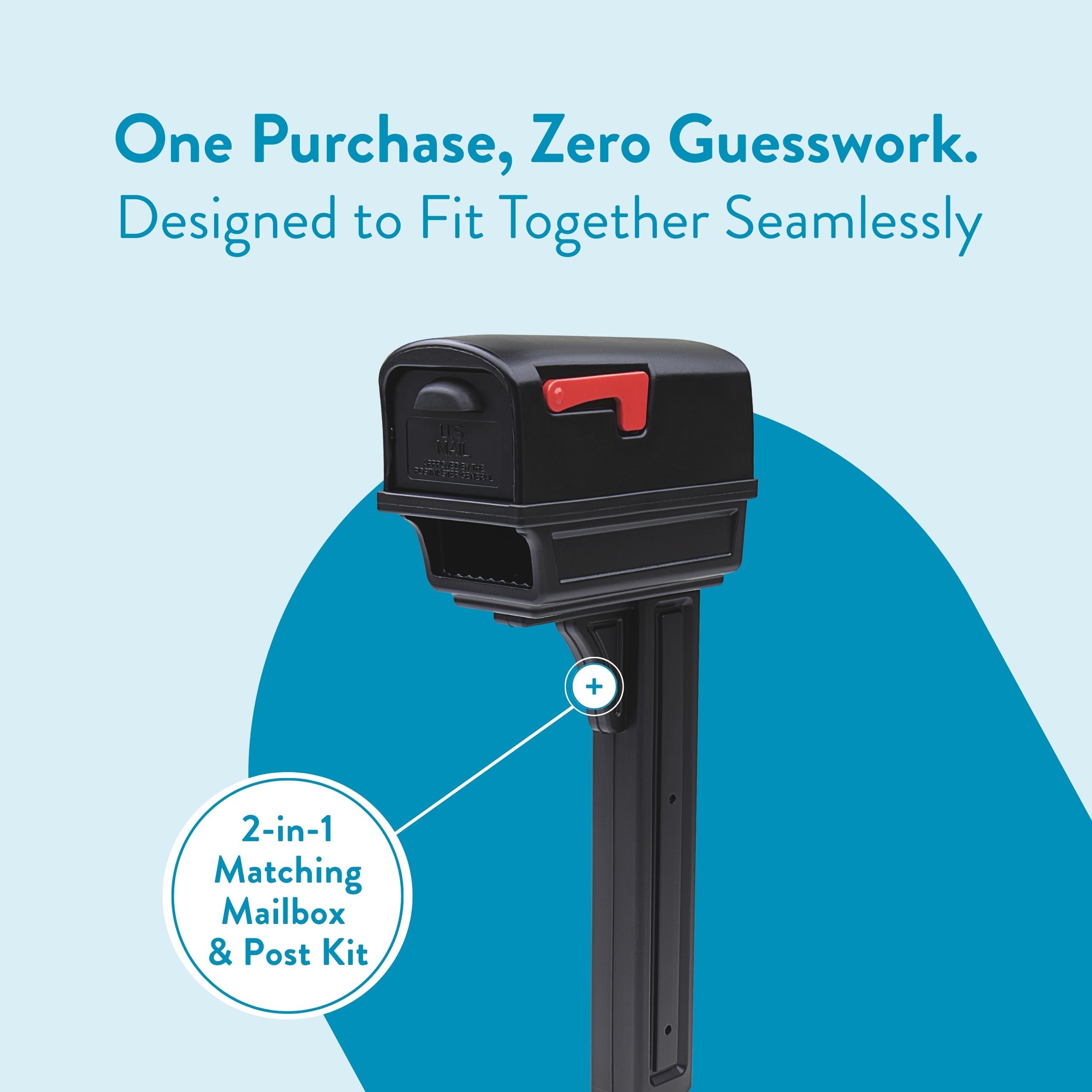 Promotional image of a black mailbox head on a post against a light blue background, with a circular label reading '2-in-1 Matching Mailbox & Post Kit' and header text above.