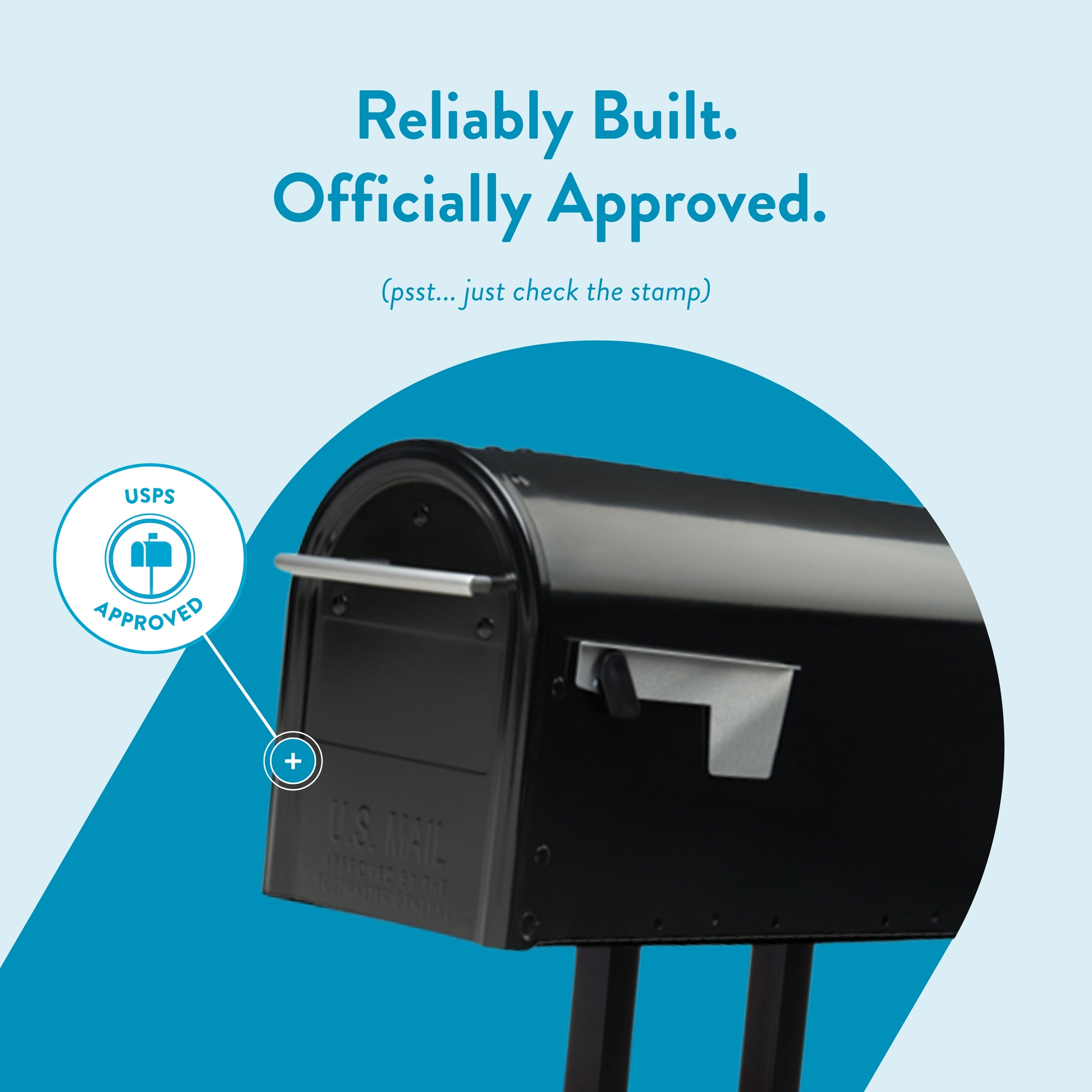Poster-style image of a black USPS mailbox with a blue circular backdrop and the text 'Reliably Built. Officially Approved.'; includes a USPS-approved stamp graphic and 'psst... just check the stamp' note for credibility.