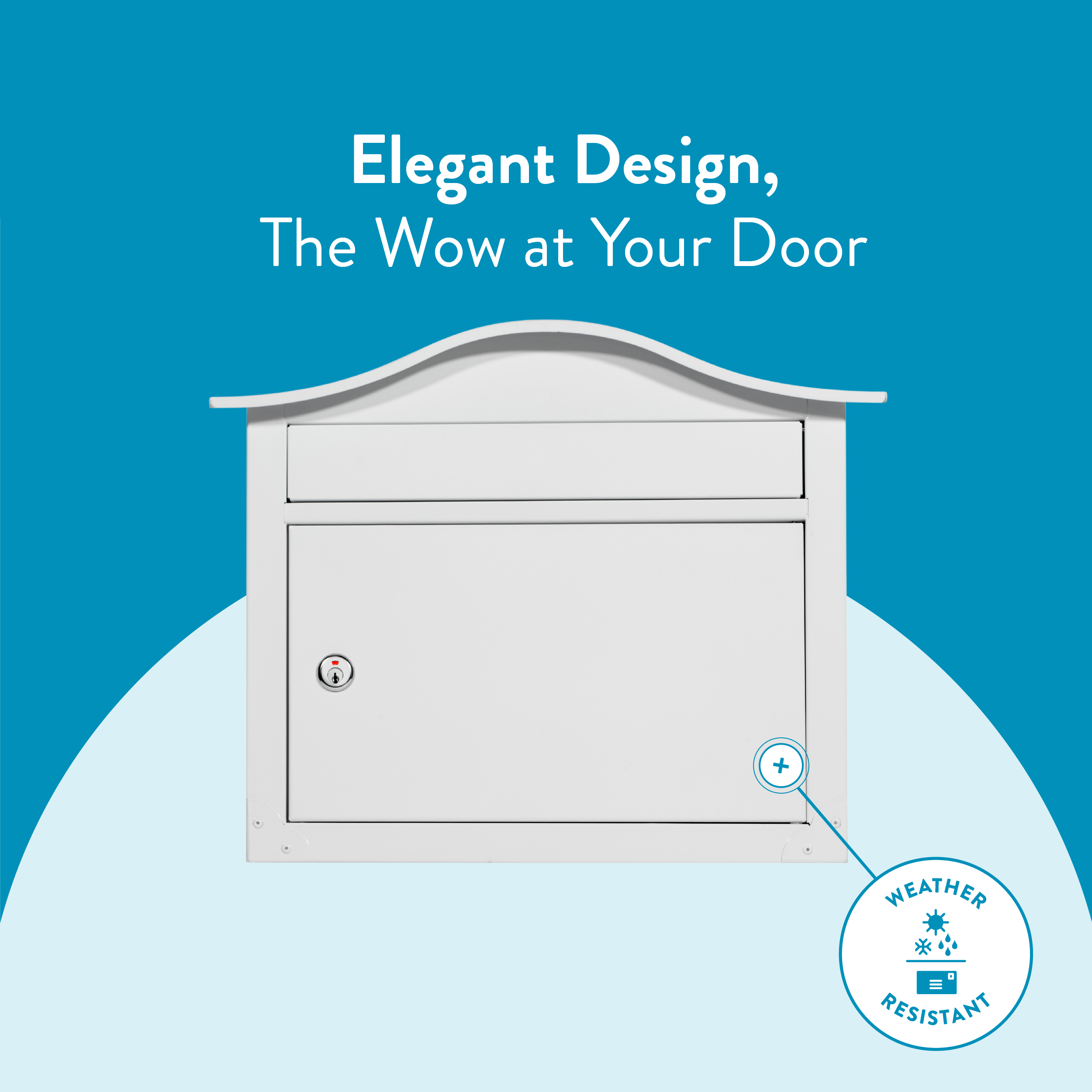 White mailbox with a curved top on a teal background, featuring the headline 'Elegant Design, The Wow at Your Door' and a circular 'Weather Resistant' badge in the lower right.