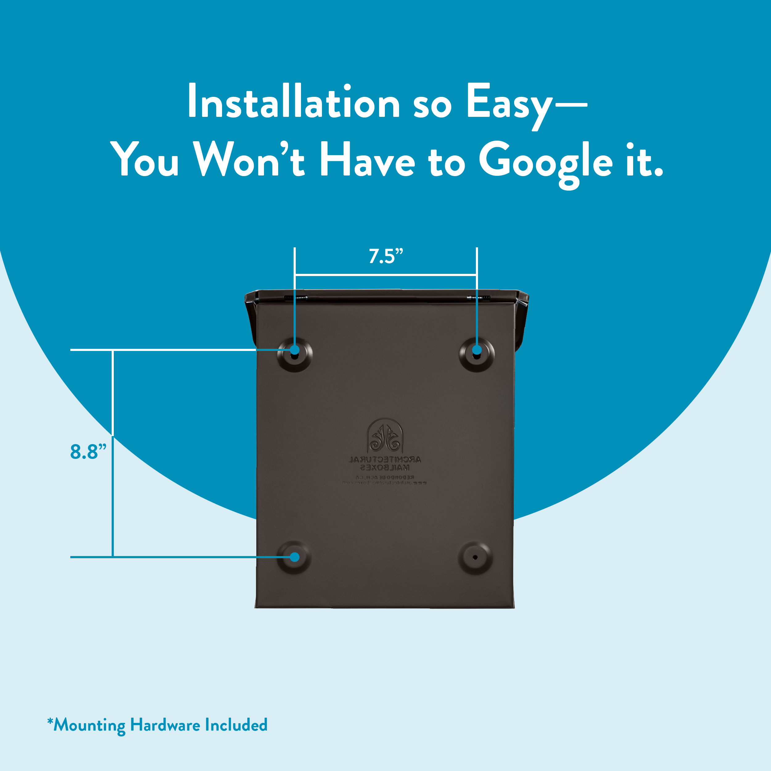 Bottom view of a black device with blue measurement lines showing 7.5" width and 8.8" height, illustrating mounting dimensions.