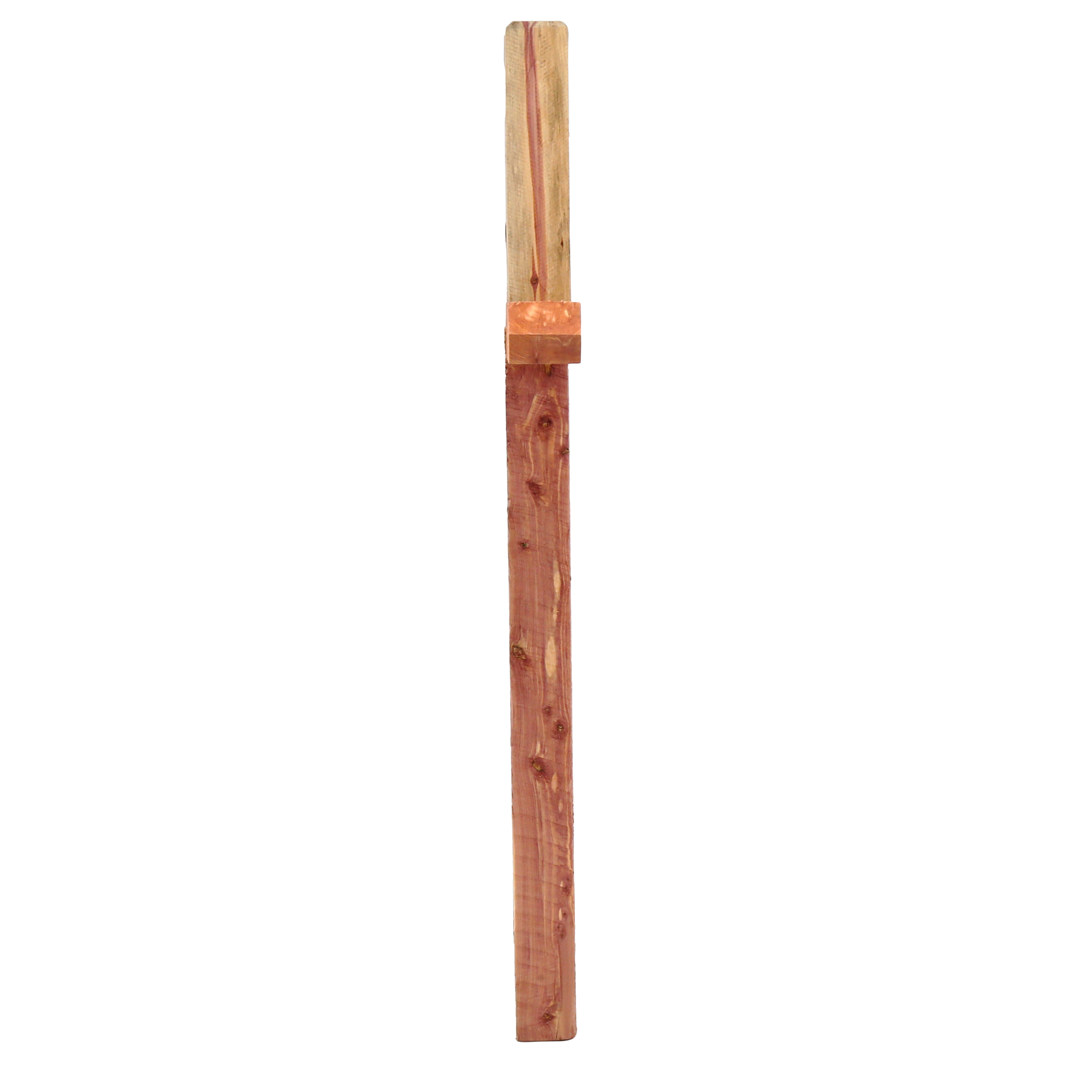 Vertical wooden beam made of two planks joined by a copper bracket at mid-height. Top plank lighter, bottom darker reddishwood.
