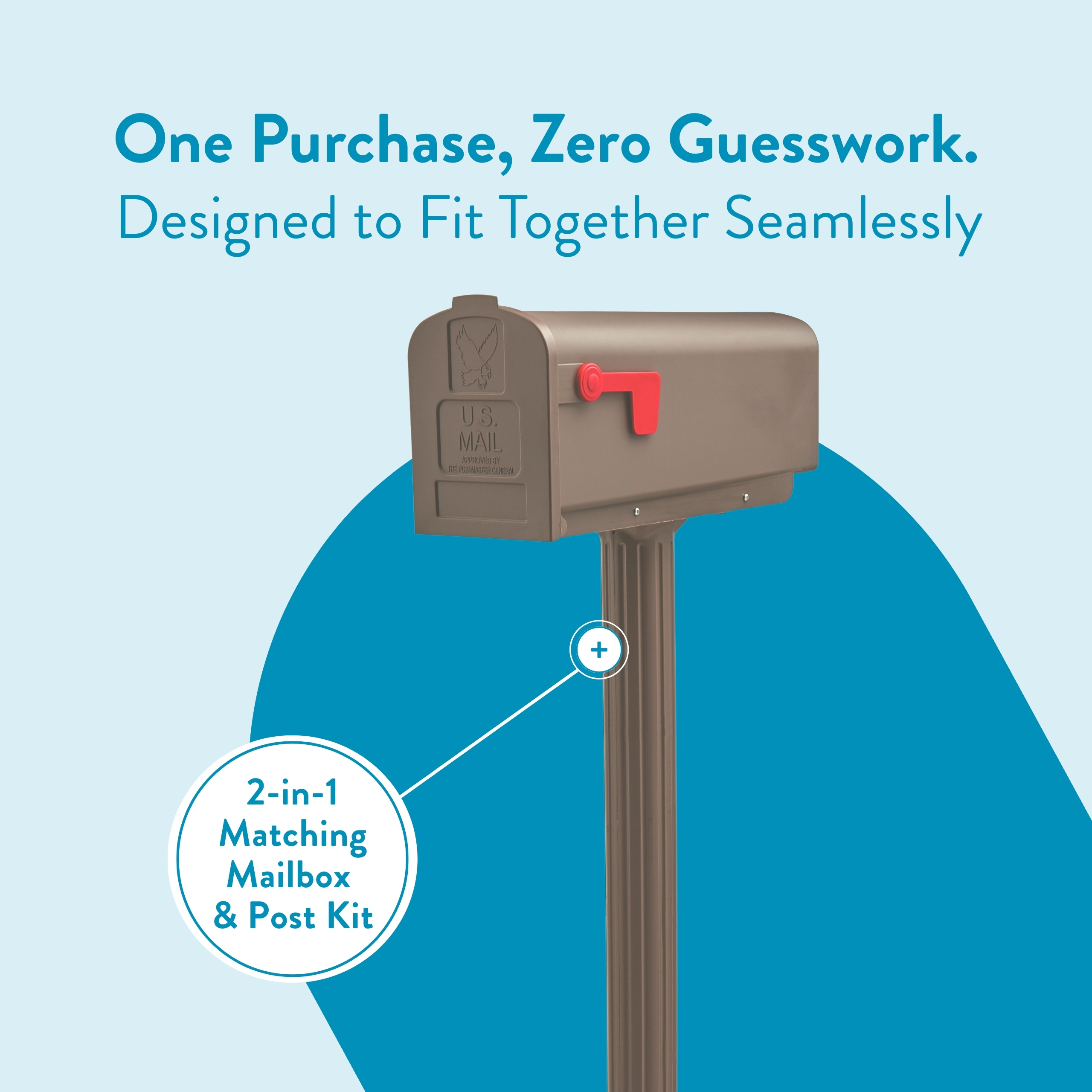 Brown mailbox on a tall post with a red flag, advertising a 2-in-1 matching mailbox and post kit.