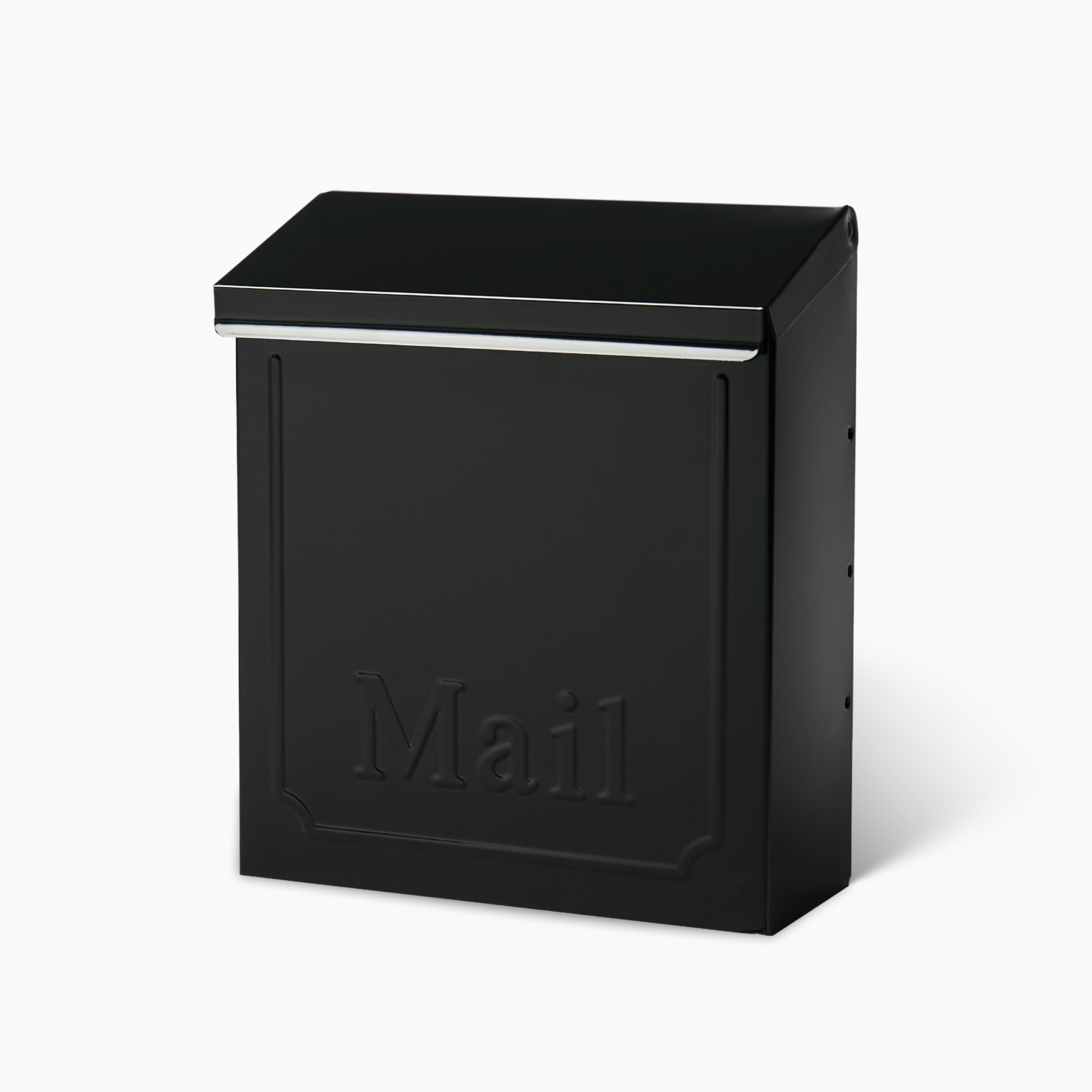 Black metal mailbox with a slim chrome mail slot edge and embossed 'Mail' on the front panel.