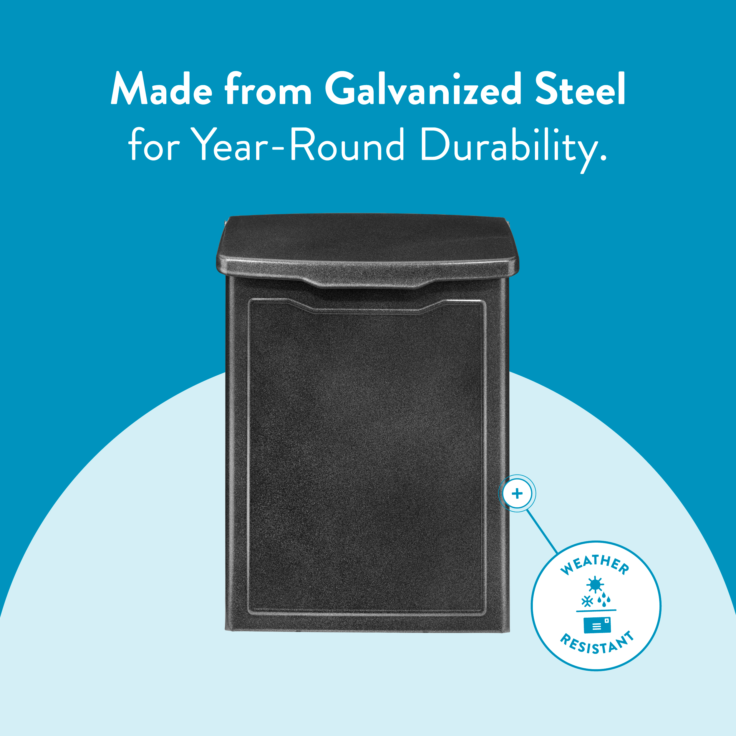 Galvanized steel trash bin with curved lid on a blue background, advertising year-round durability and featuring a weather-resistant badge.