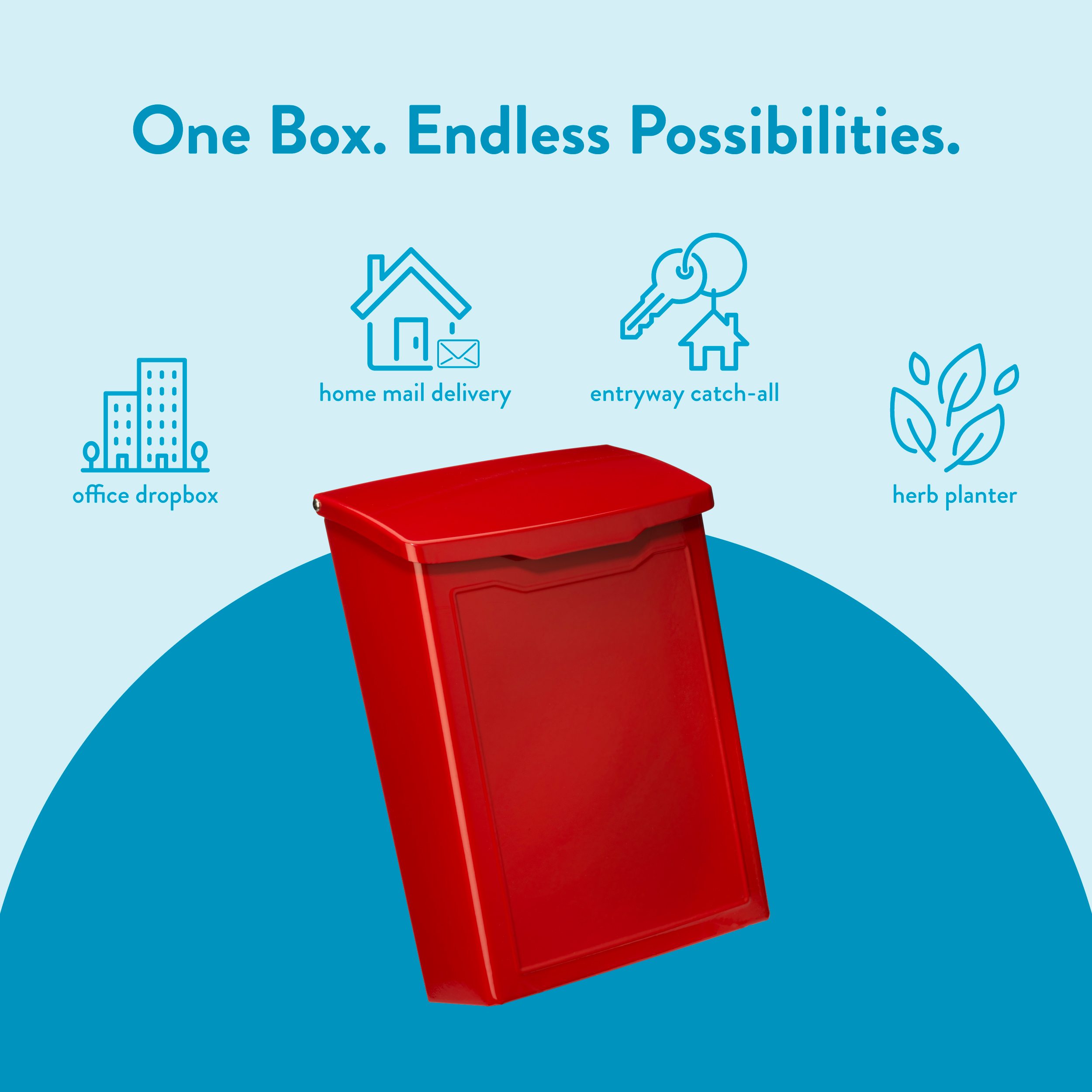 Red mailbox on a blue curved backdrop with the slogan 'One Box. Endless Possibilities' and four blue icons: office dropbox, home mail delivery, entryway catch-all, and herb planter.
