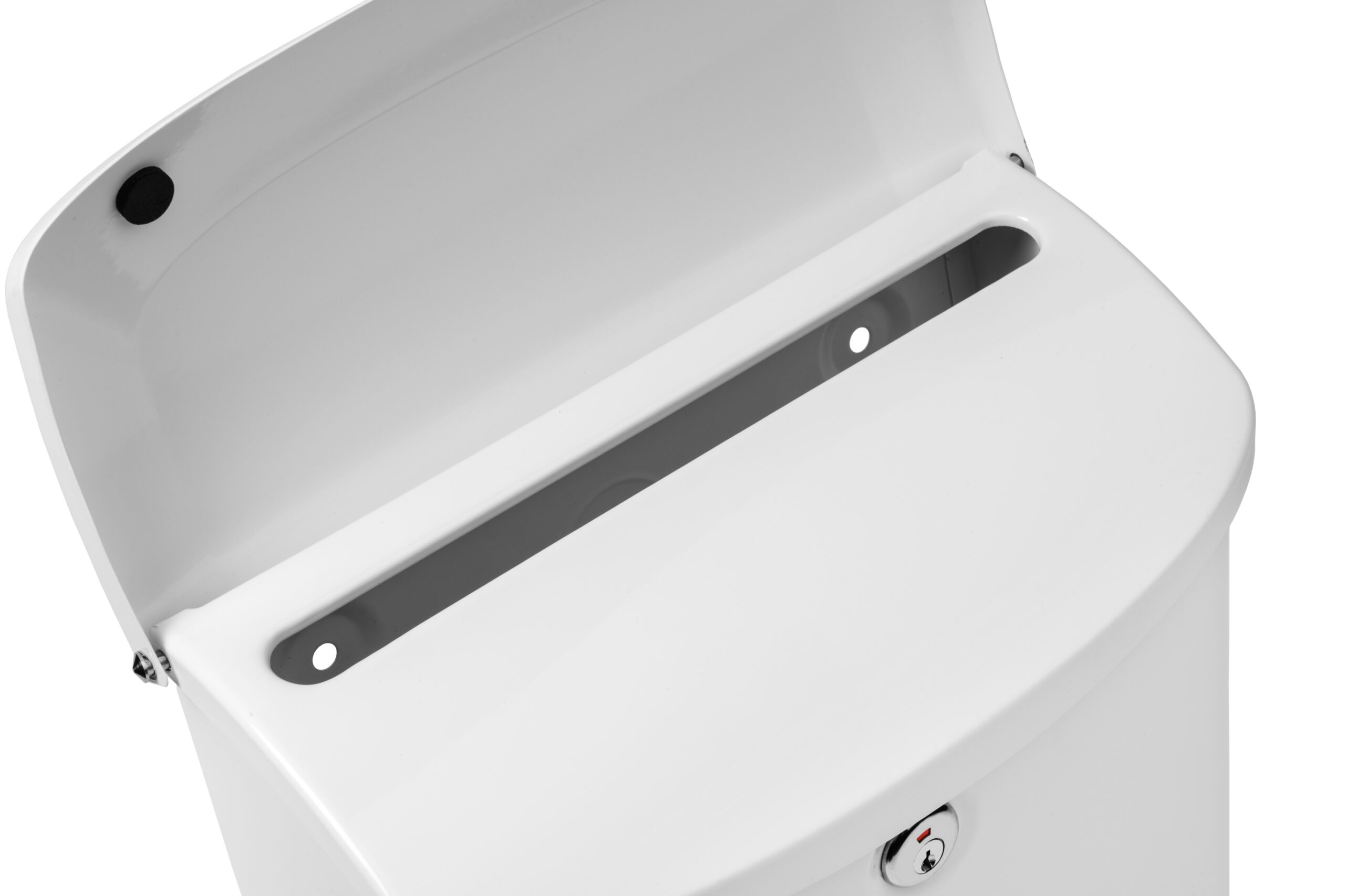 White metal mailbox with a horizontal front mail slot and a small lock underneath, seen in close-up.