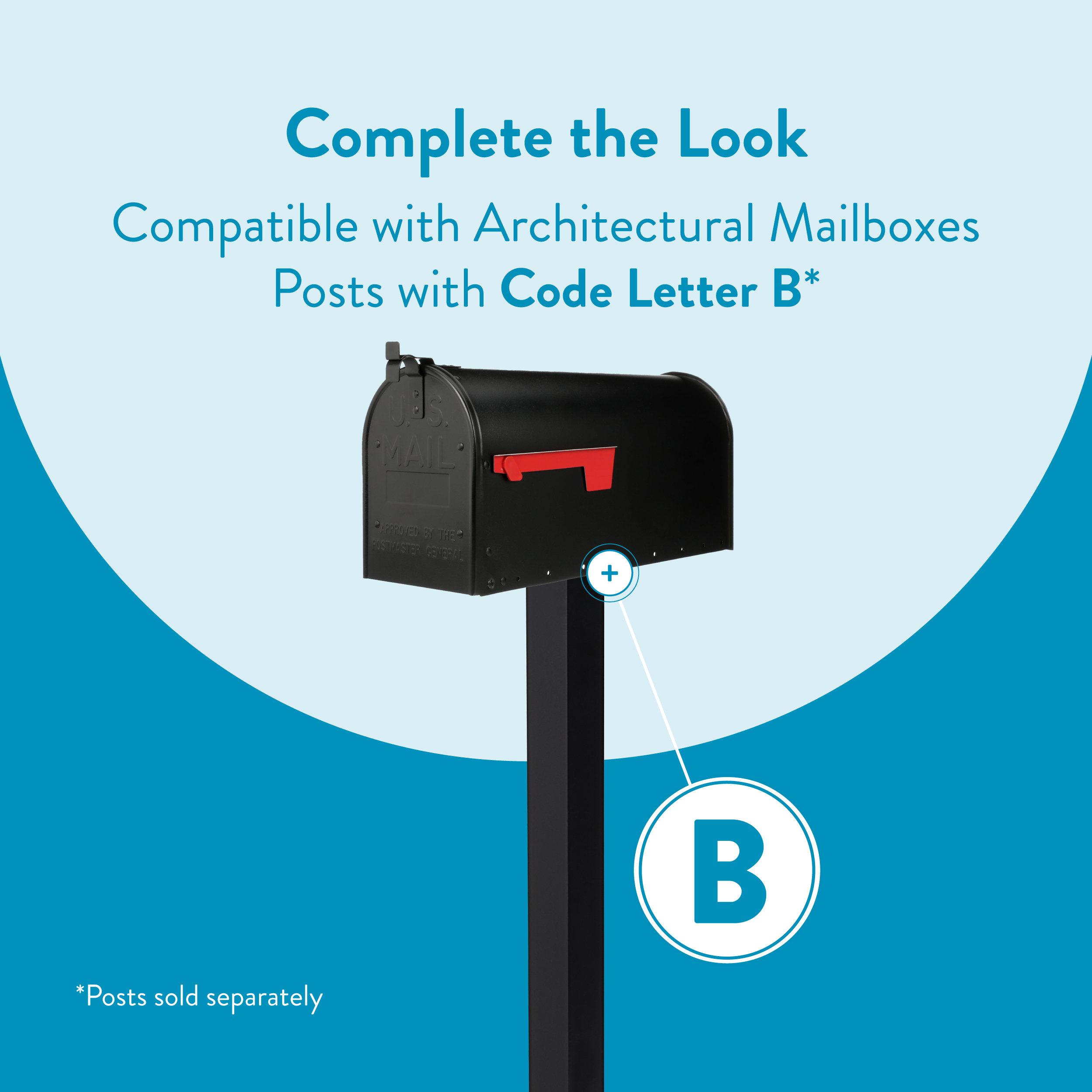 Promotional graphic: black mailbox on a post with a blue background, highlighting 'Code Letter B' for compatible posts.