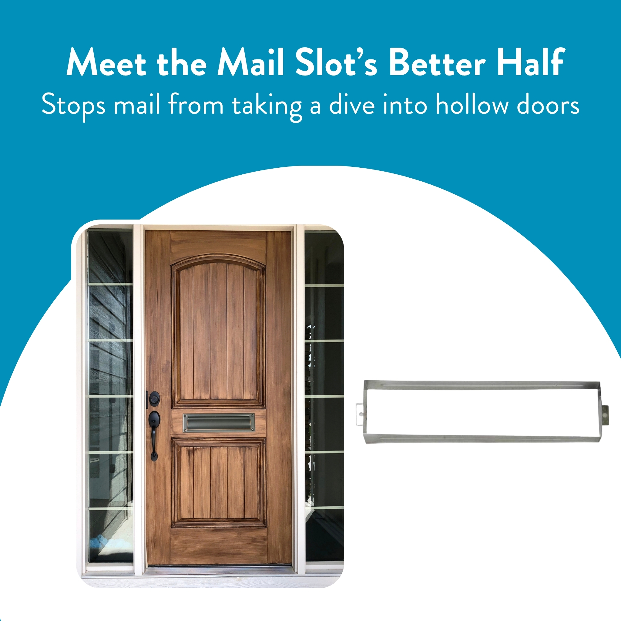 Advertisement showing a wooden front door with a mail slot and a separate metal mail-slot insert against a white curved background.