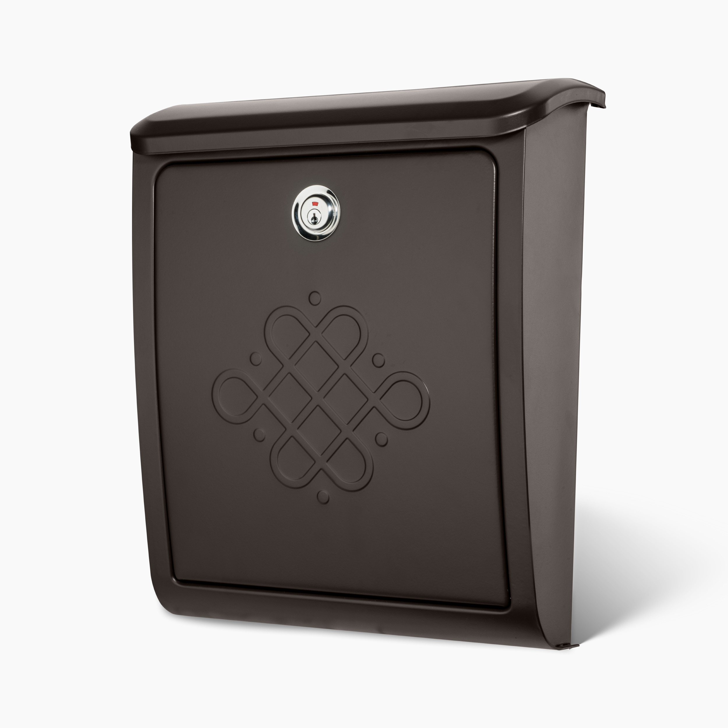 Brown metal wall-mounted mailbox with a round key lock and a decorative embossed geometric pattern on the door