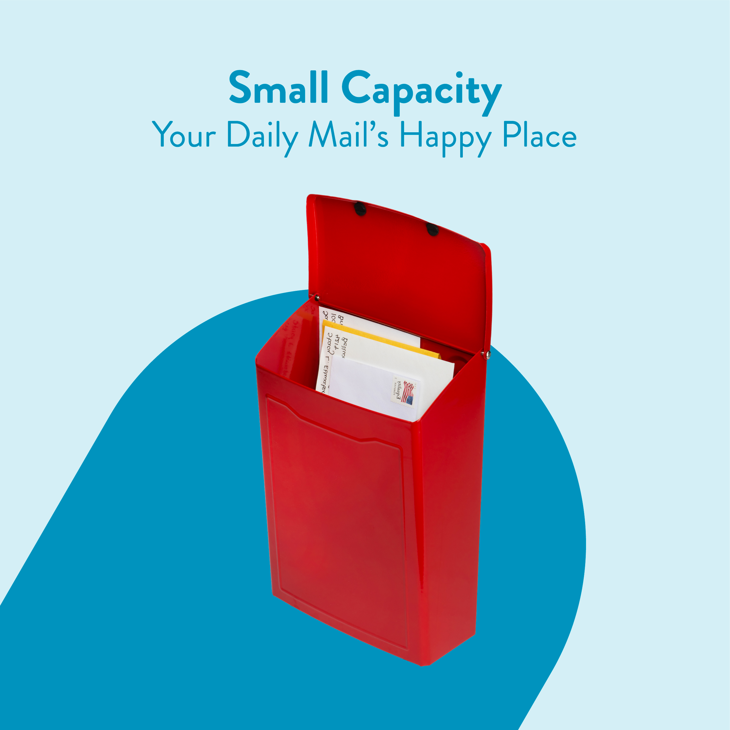 Open red mailbox filled with envelopes against a light blue background with a teal curved shape behind it, conveying mail delivery.