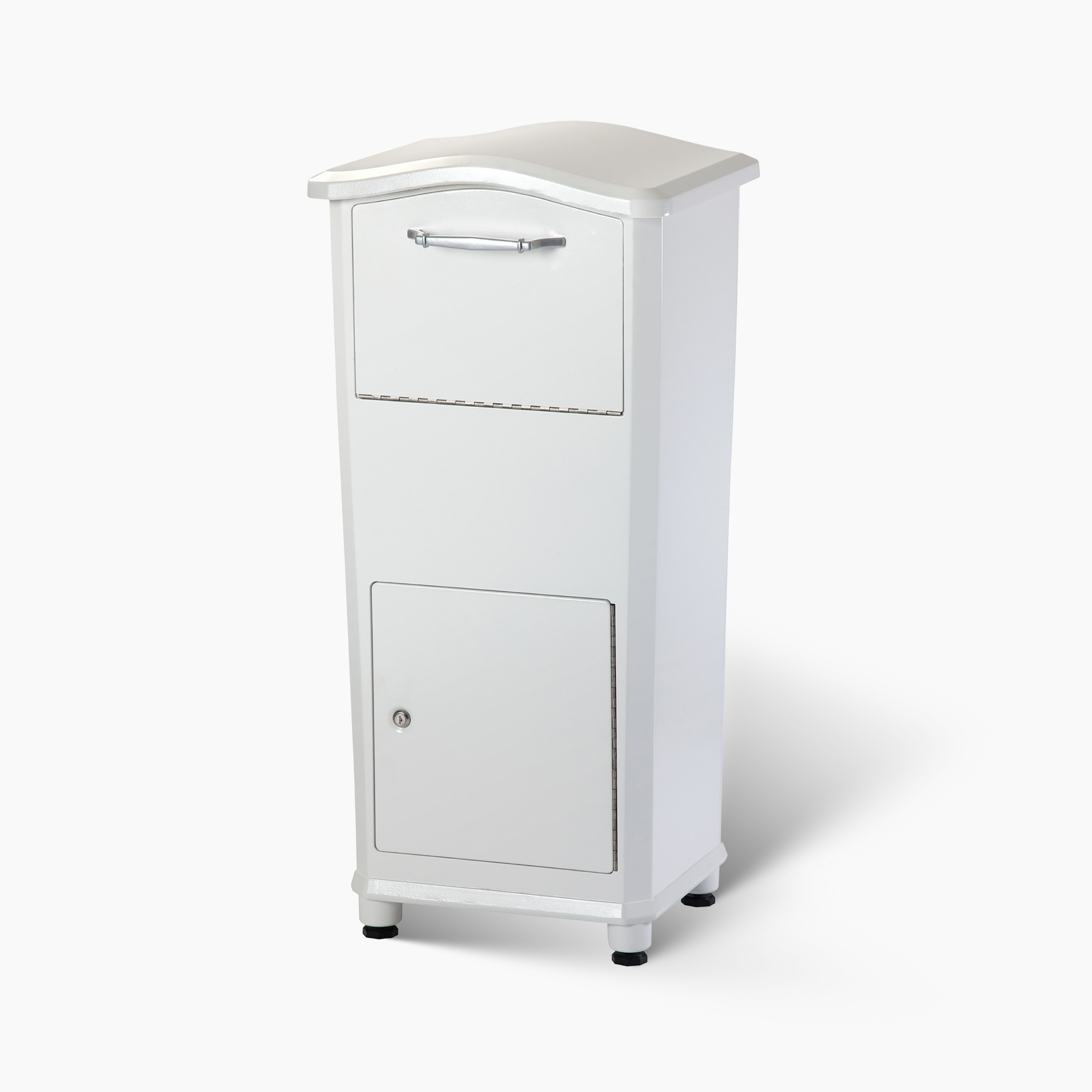 White freestanding storage cabinet with a curved top, a small upper drawer, and a lockable bottom door on short legs
