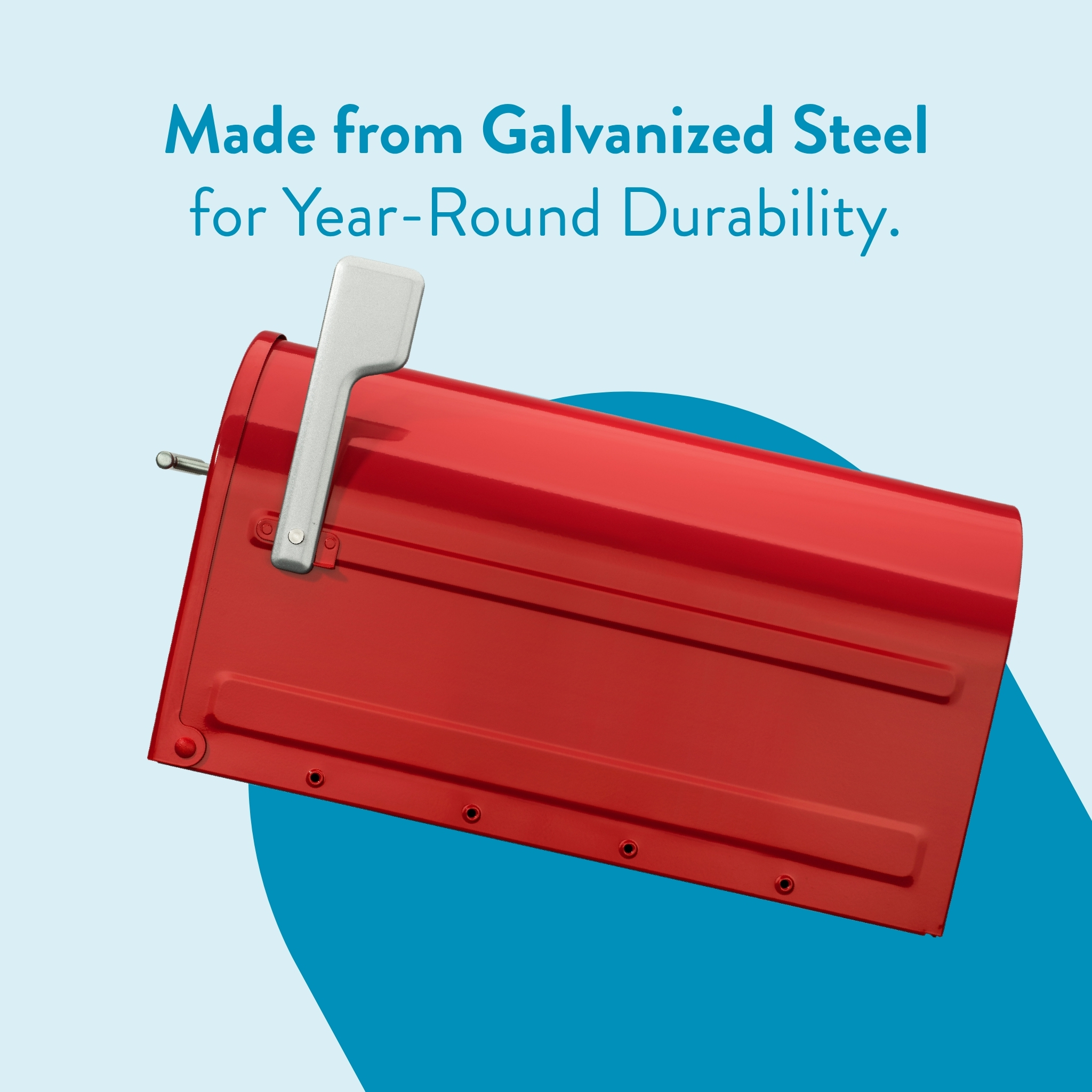 Red galvanized-steel mailbox with a silver lever, set on a light blue background with a blue circle shape behind it; headline reads 'Made from Galvanized Steel for Year-Round Durability.'