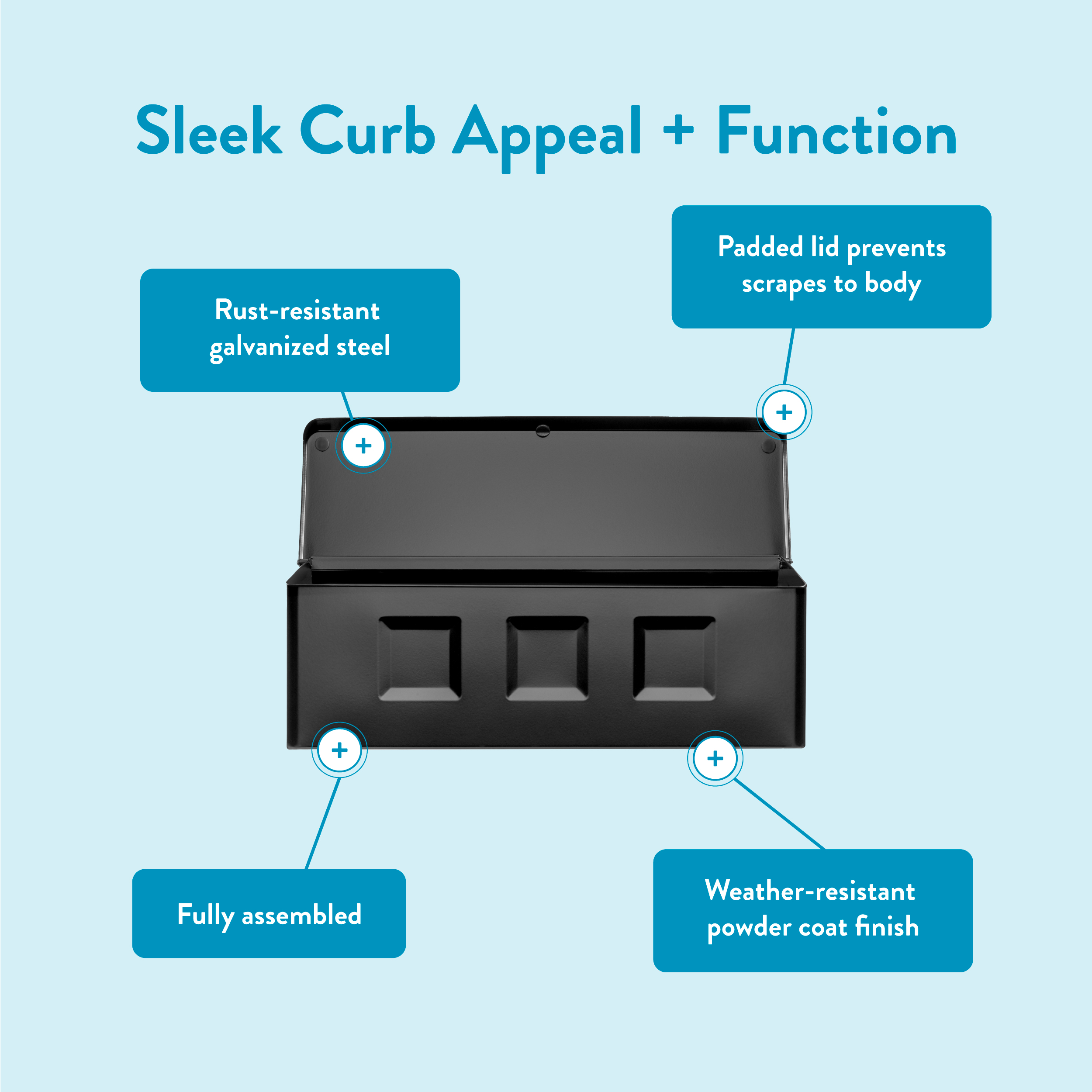 Infographic of a black storage chest with blue callouts noting rust-resistant galvanized steel, padded lid prevents scrapes, fully assembled, and weather‑resistant powder coat finish.
