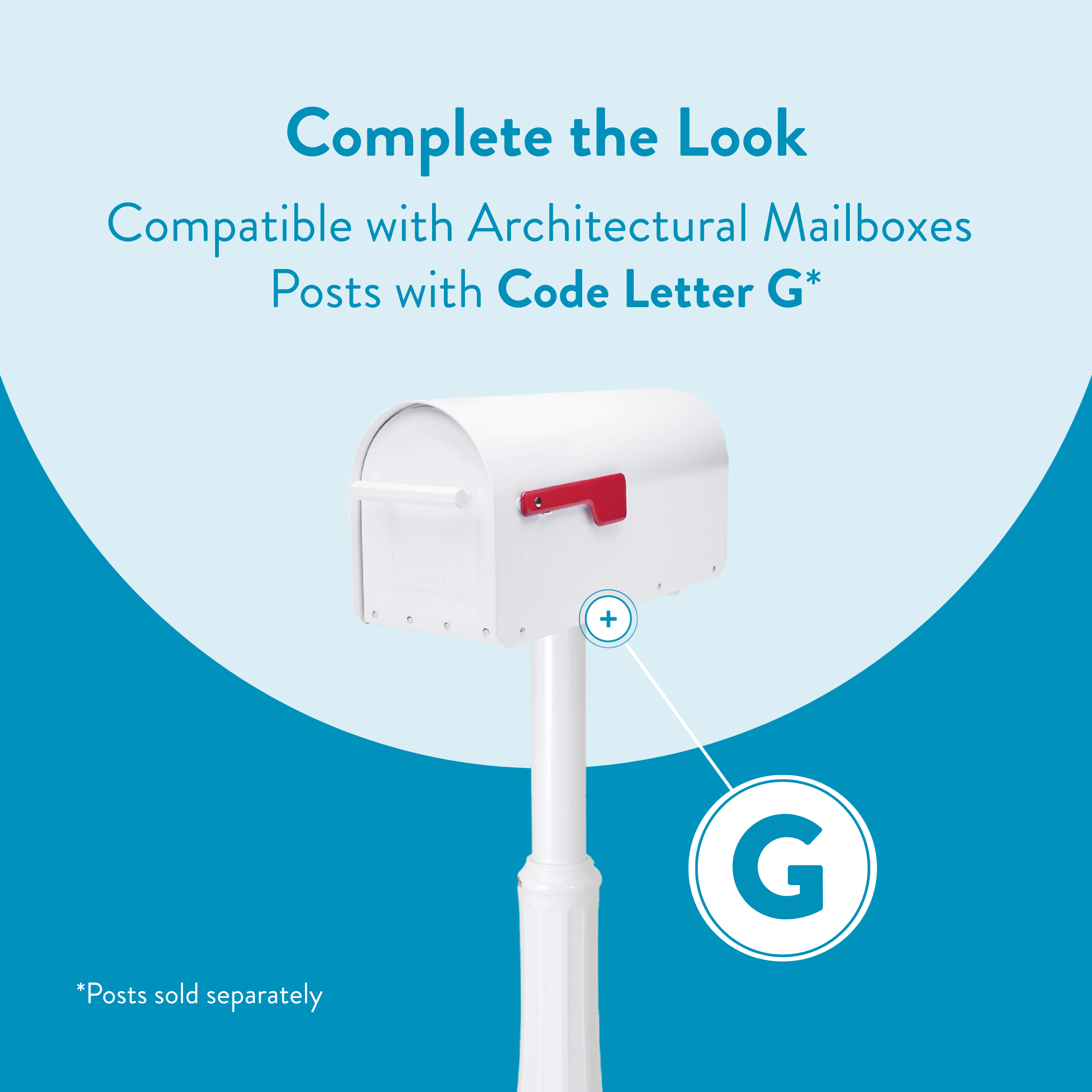 Promotional image showing a white mailbox on a post with blue background, highlighting compatibility with Code Letter G posts.