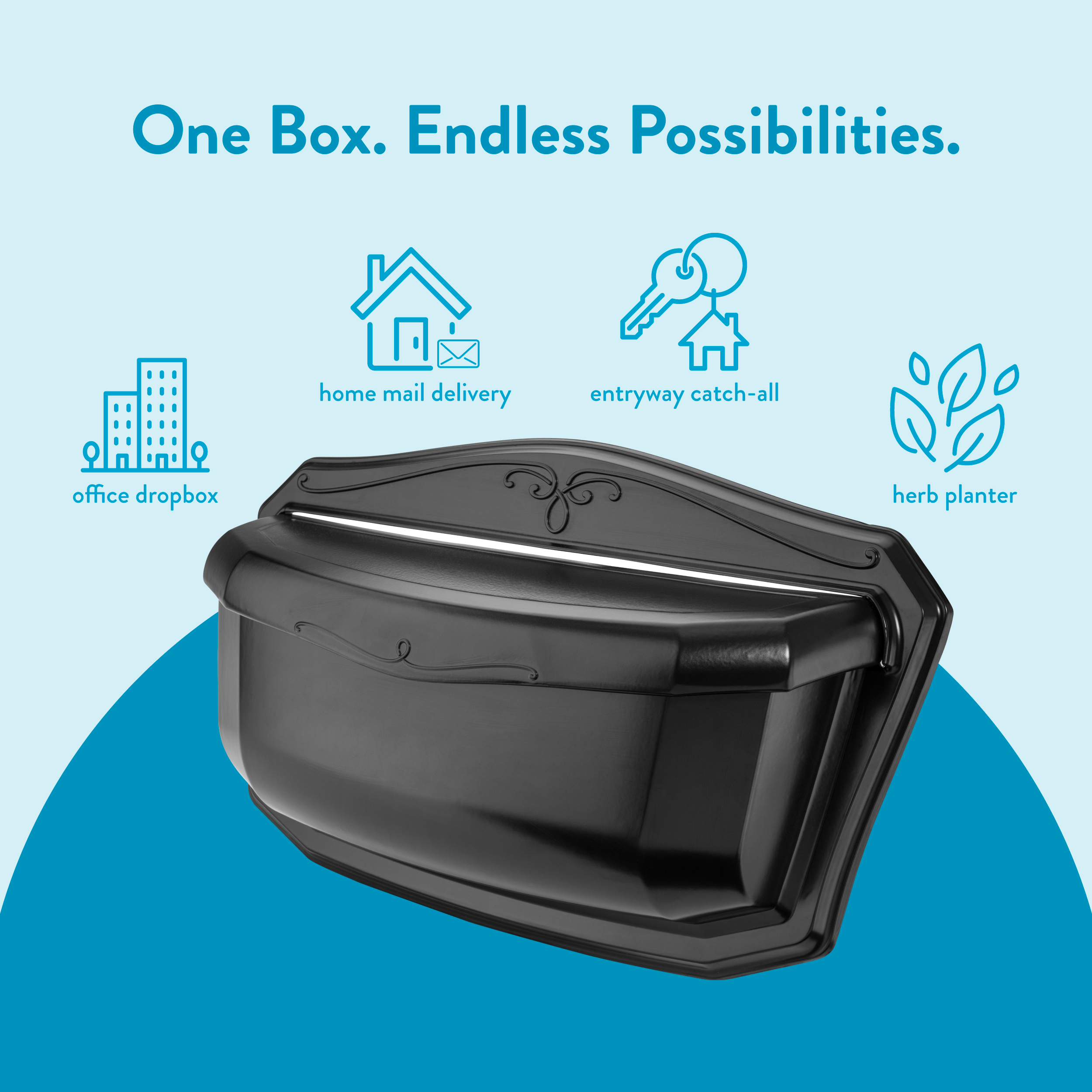 Banner advertising a black storage box with the slogan 'One Box. Endless Possibilities.' and icons for office dropbox, home mail delivery, entryway catch-all, and herb planter on a blue background.