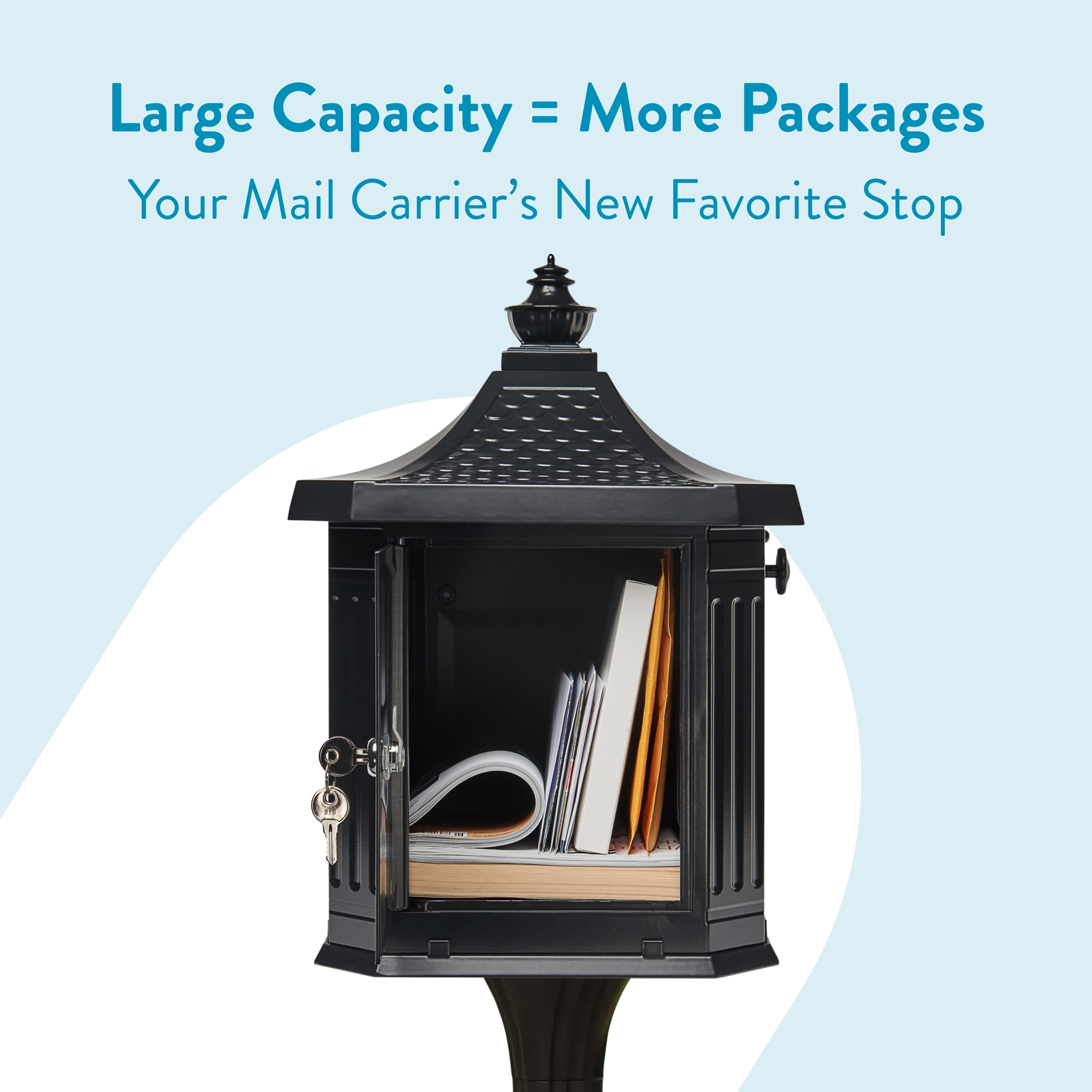 Promotional banner featuring a black mailbox stuffed with mail against a light blue background, captioned 'Large Capacity = More Packages' and 'Your Mail Carrier’s New Favorite Stop'.