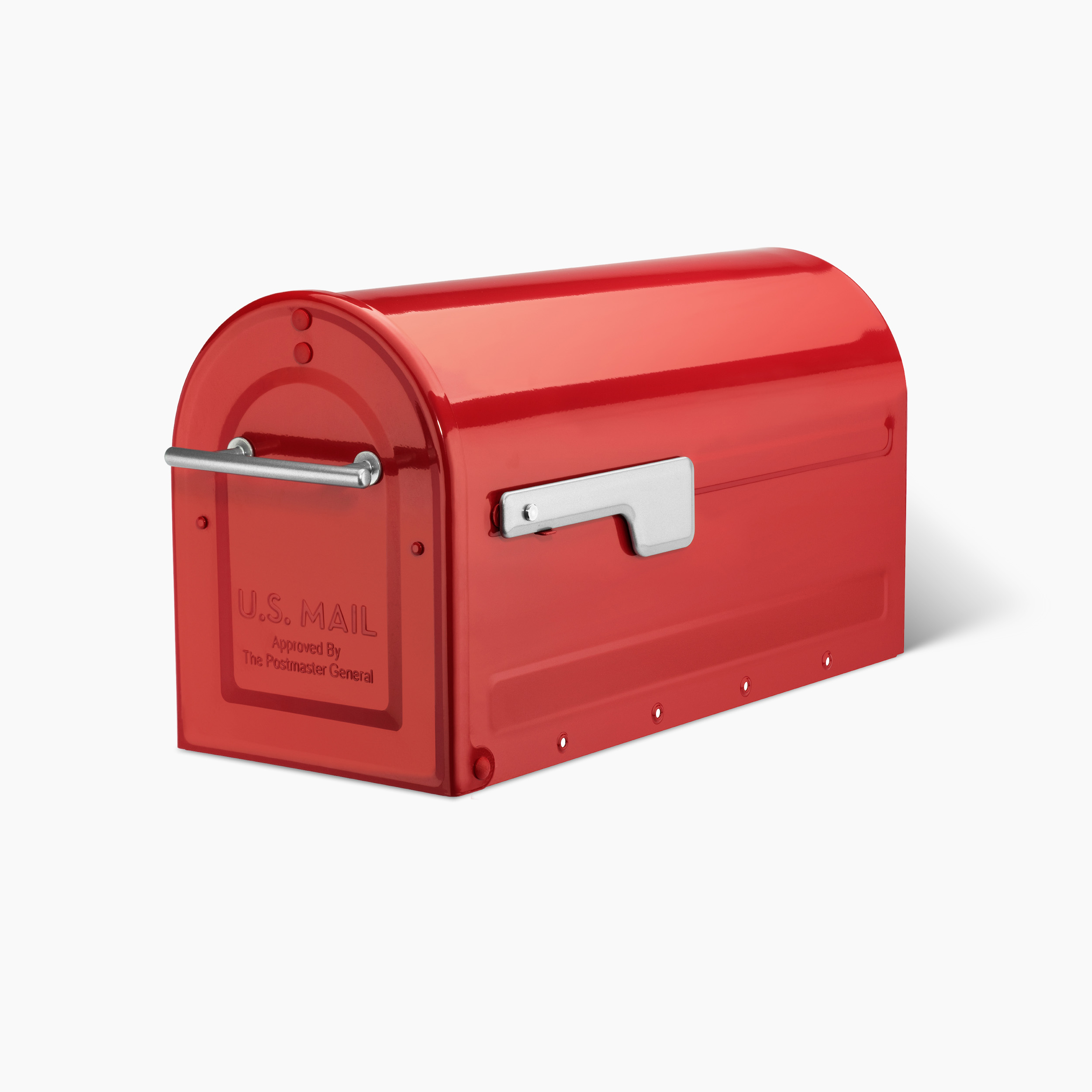 Red curved-top curbside mailbox with a metal flag lever and chrome side latch.