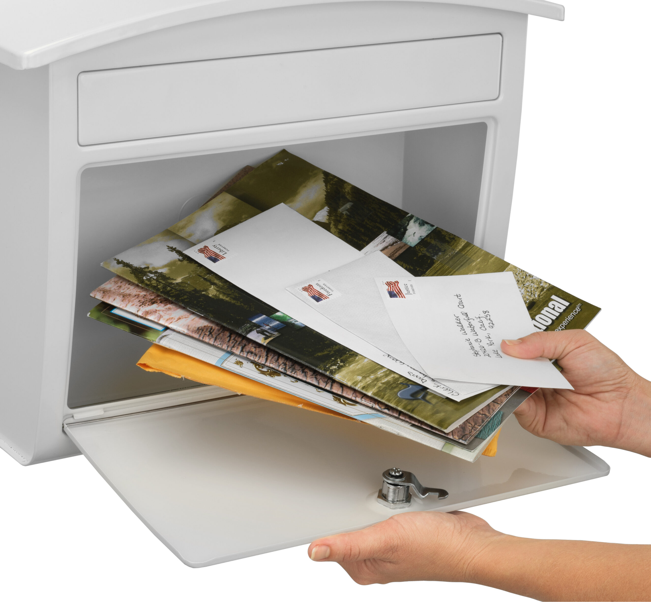Person opens a small white safe and pulls out a stack of envelopes and letters from its mail slot area