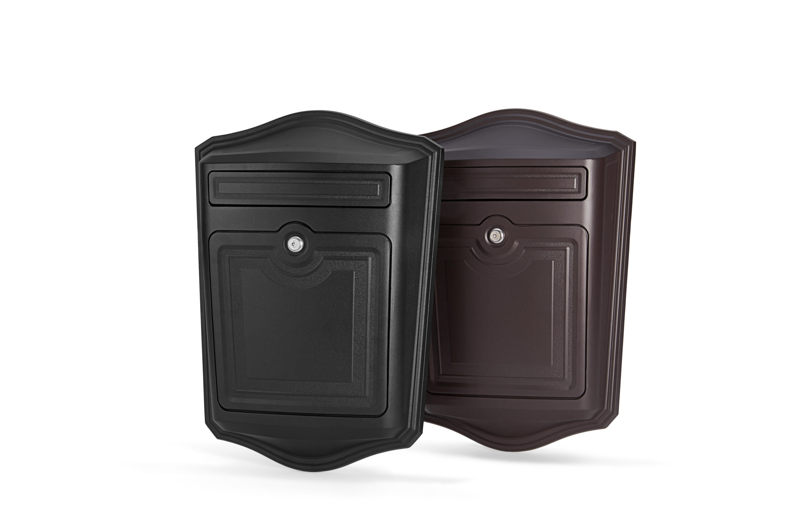 Two ornate, retro-style wall-mounted mailboxes in black and brown placed side by side.