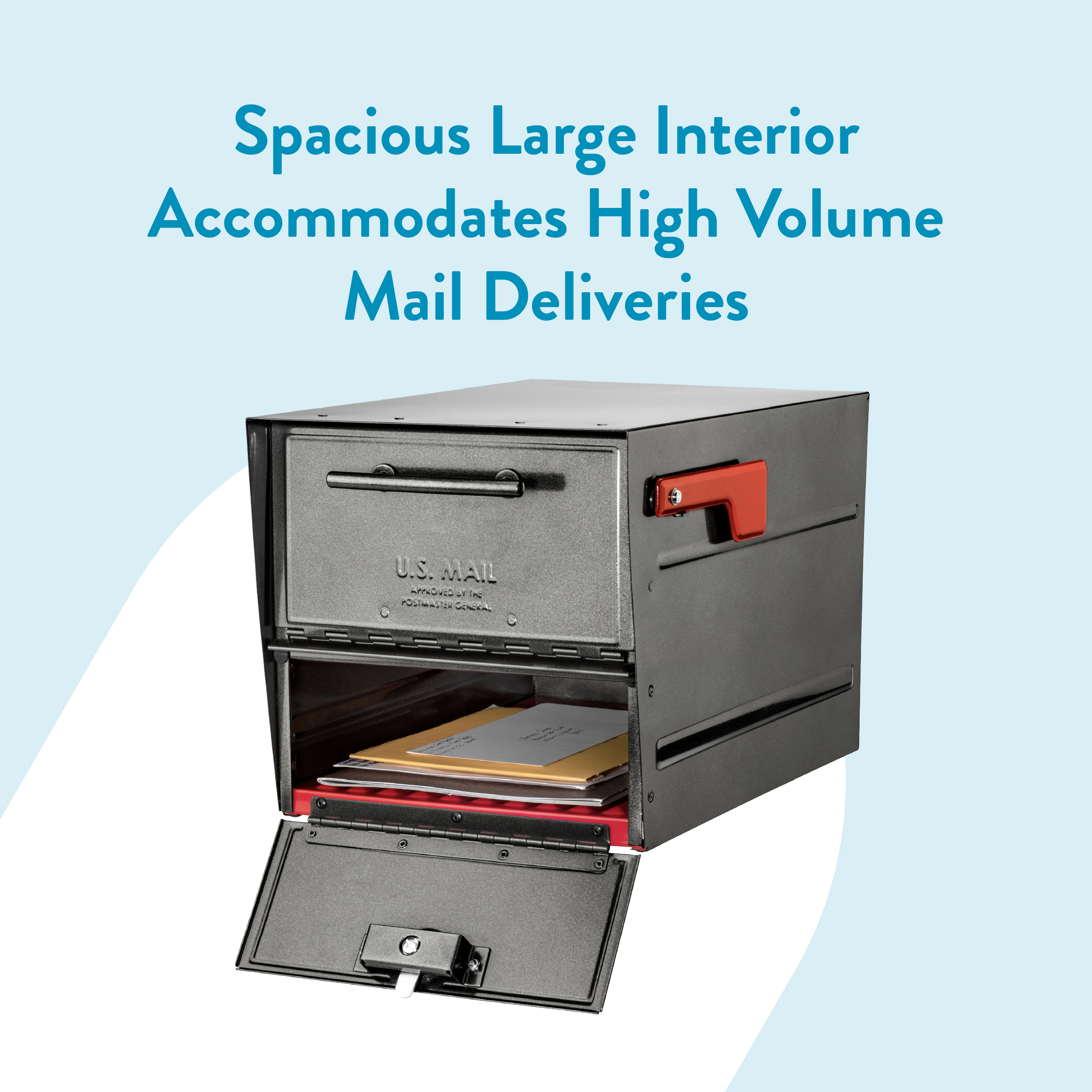 Open metal mailbox with envelopes inside, highlighting a spacious interior for high-volume mail deliveries