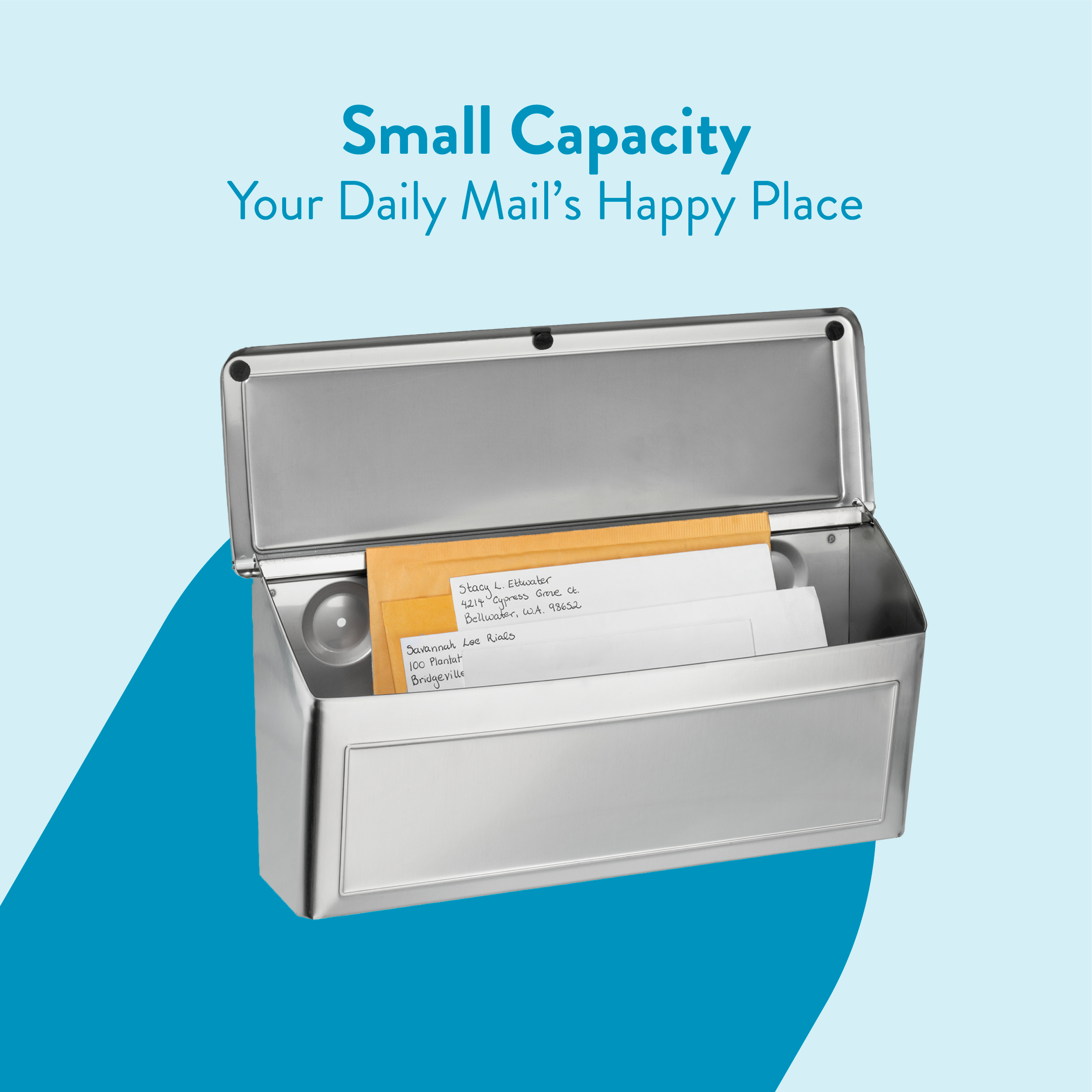 Open metal mailbox with envelopes inside on a light blue background, representing a small-capacity mail storage solution.