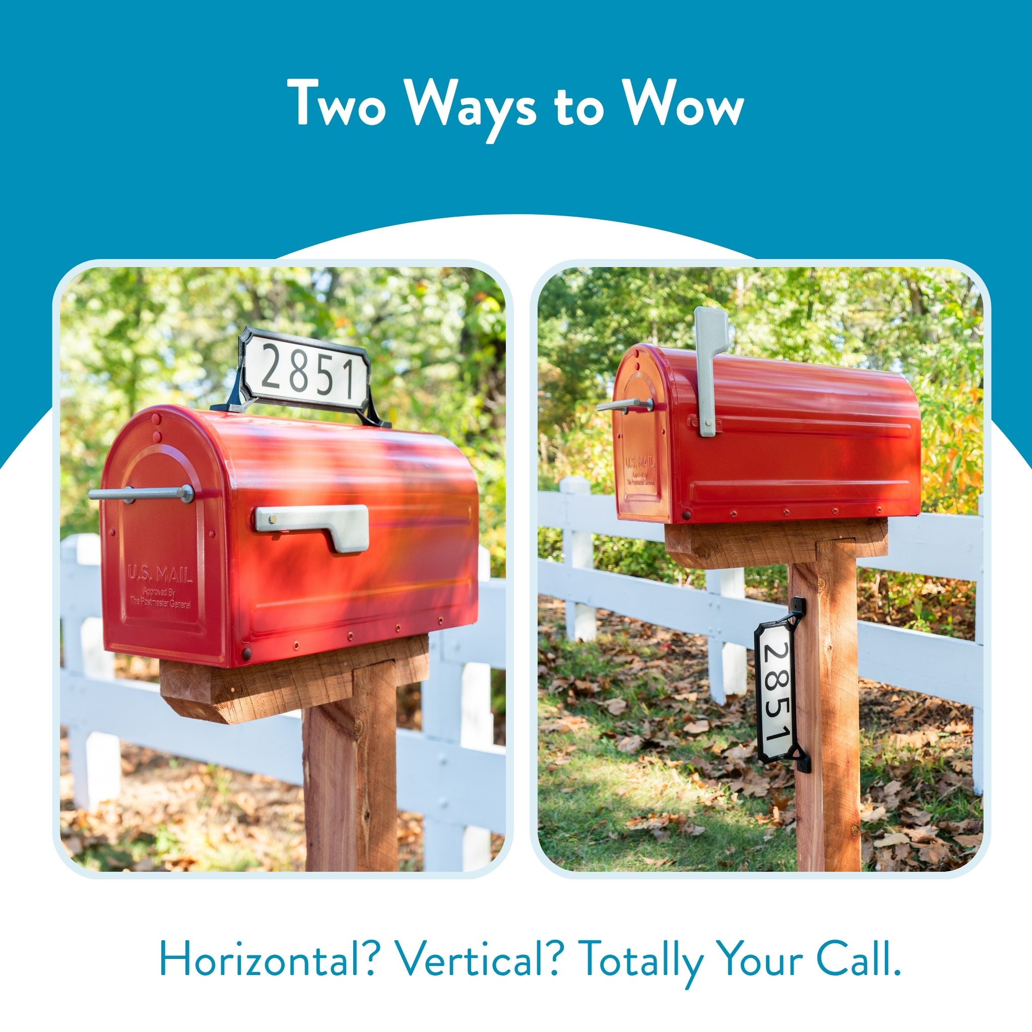 Poster image showing two red mailboxes installed on wooden posts—left horizontal, right vertical—for a 'Two Ways to Wow' design.