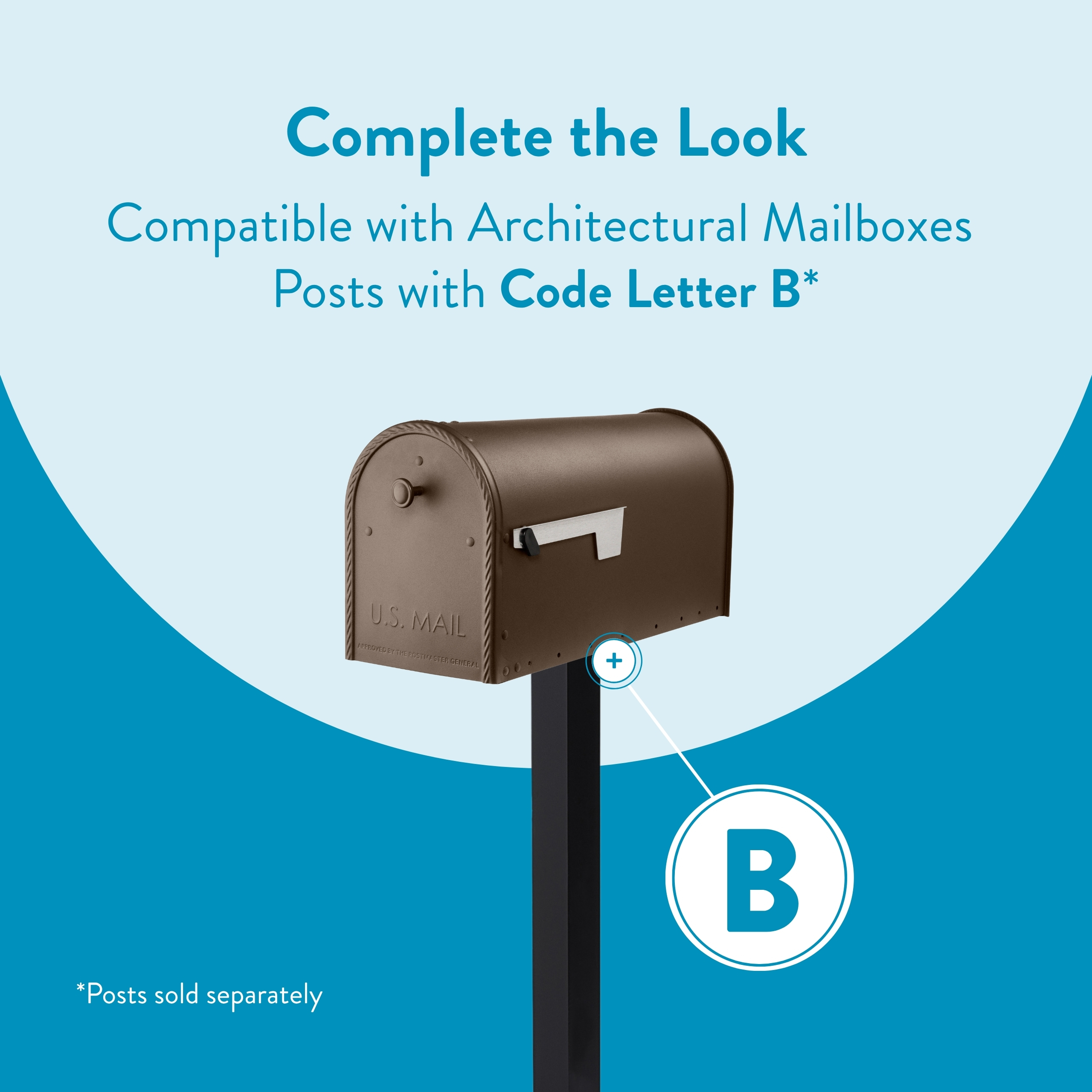 Brown mailbox on a black post with a bright blue background, promoting Architectural Mailboxes posts with Code Letter B (B post).