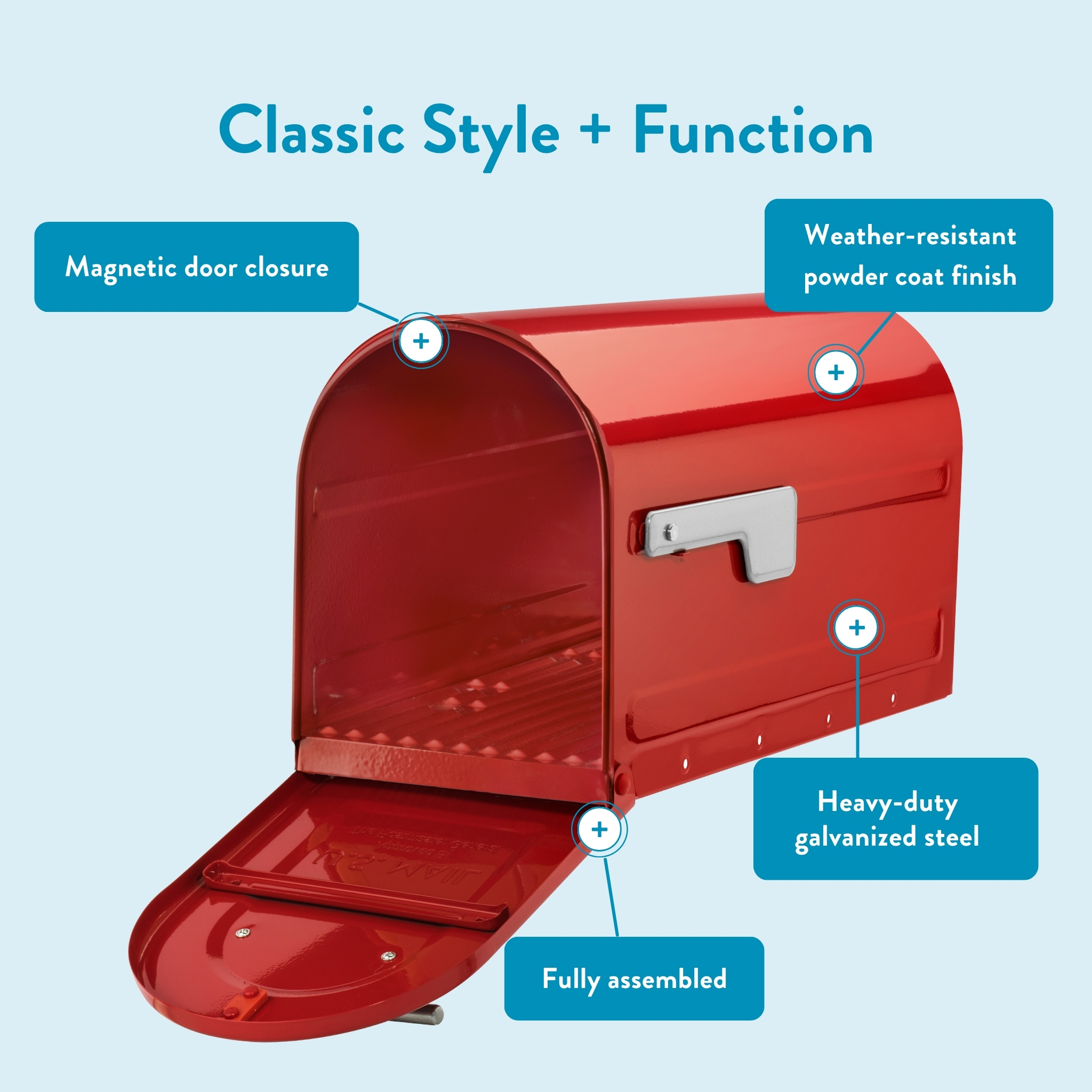 Red mailbox with blue callouts highlighting features: magnetic door closure, weather-resistant powder coat finish, heavy‑duty galvanized steel, and fully assembled.