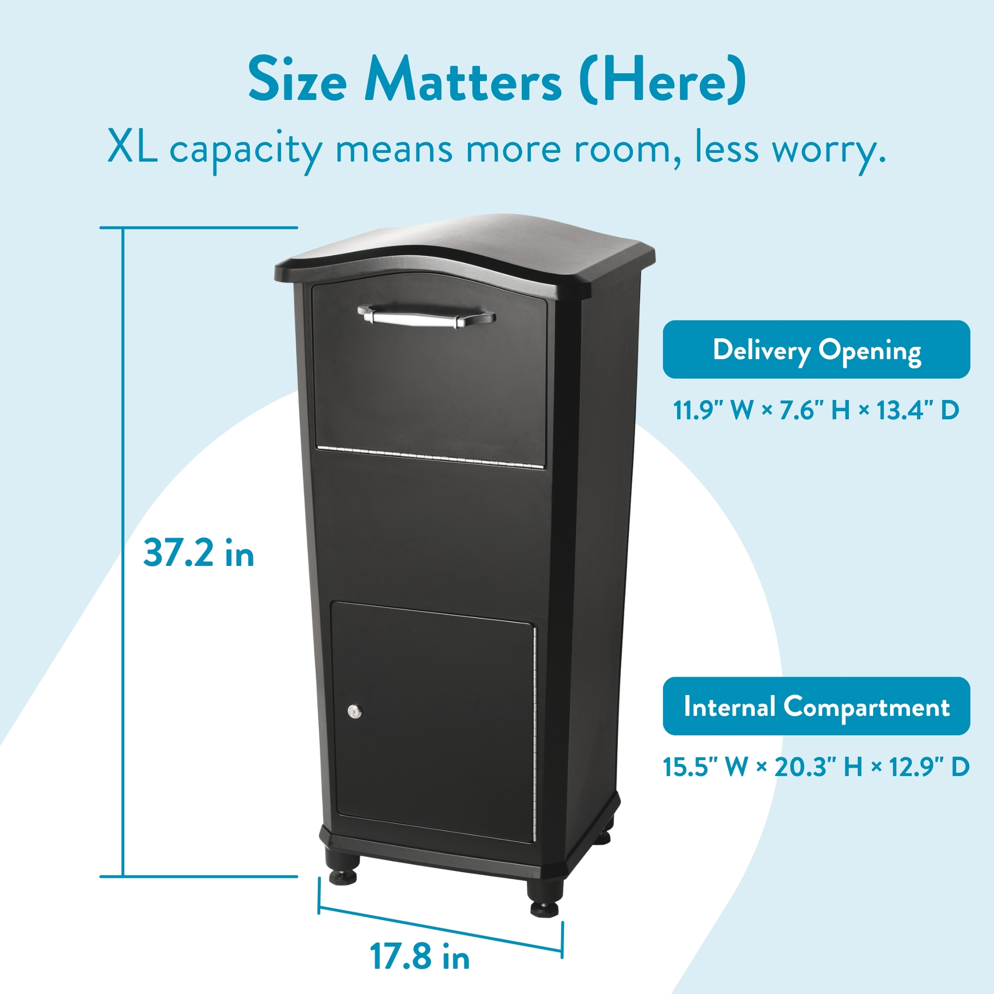 Infographic advertising a tall black stove with blue measurement lines and text about 'Size Matters (Here)' and 'XL capacity means more room, less worry' with dimension labels like 37.2 in and 17.8 in.