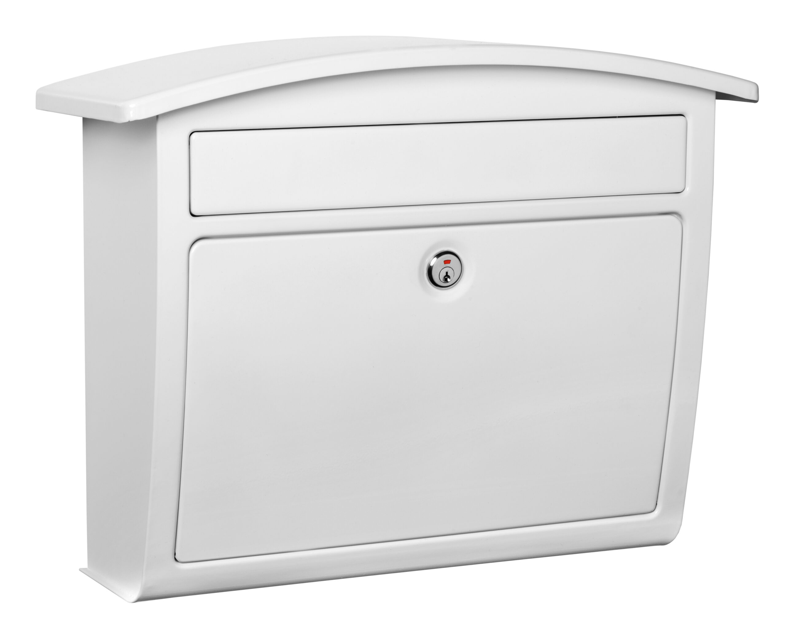 White metal mailbox with a curved lid, featuring a small top slot and a lockable front door with a circular keyhole.