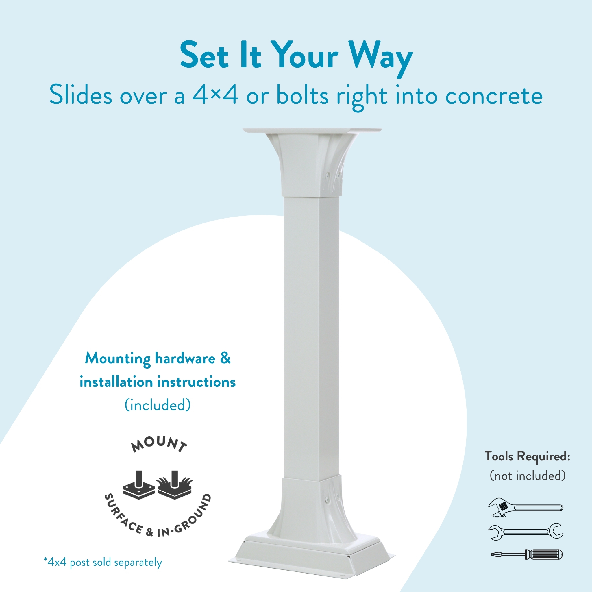 White pedestal post mount for a 4x4 post with blue promotional text: 'Set It Your Way' and 'Slides over a 4×4 or bolts right into concrete'; includes mounting hardware and installation instructions graphic on the left.