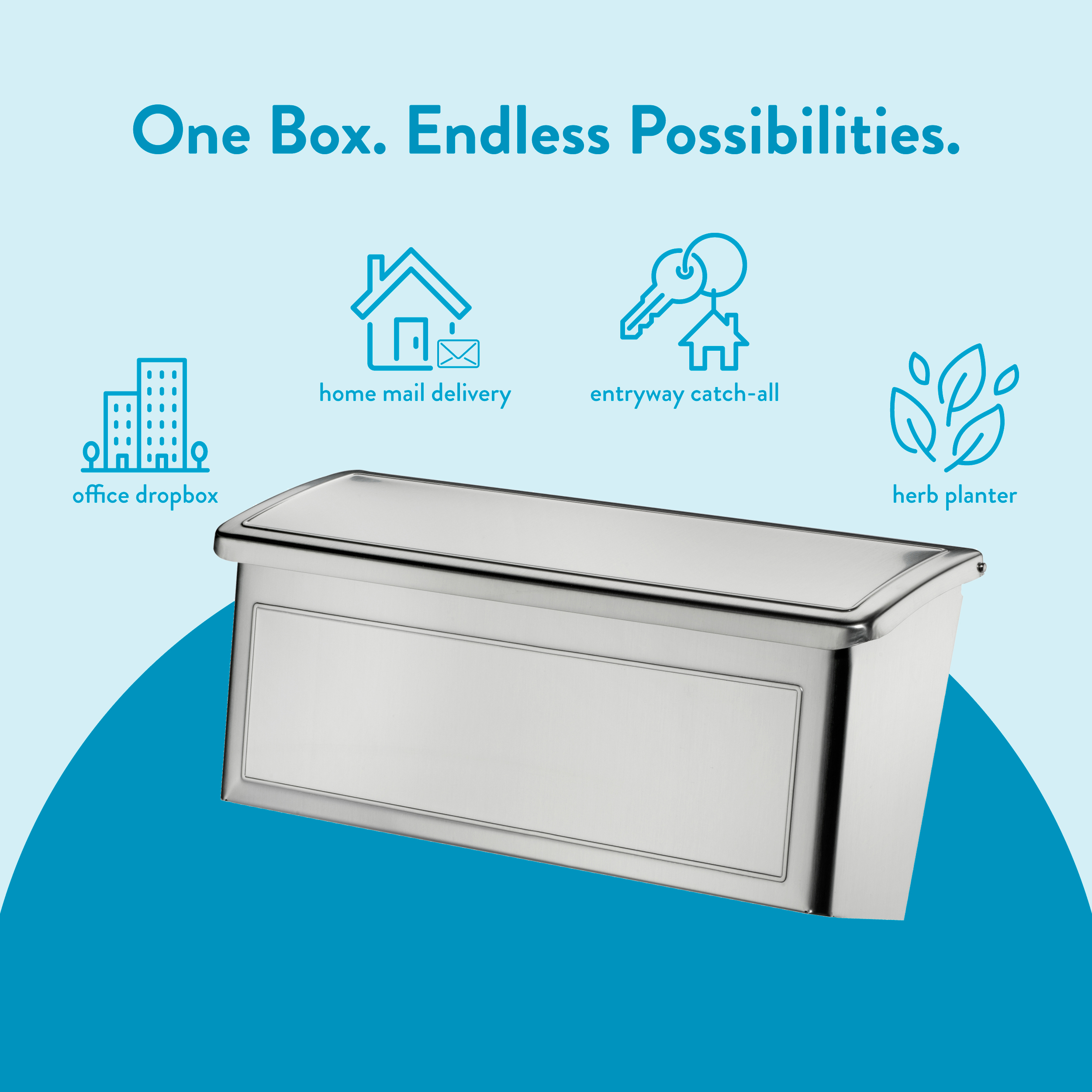 Promotional graphic for a versatile storage box: slogan 'One Box. Endless Possibilities.' with icons for office dropbox, home mail delivery, entryway catch-all, and herb planter on a blue background.