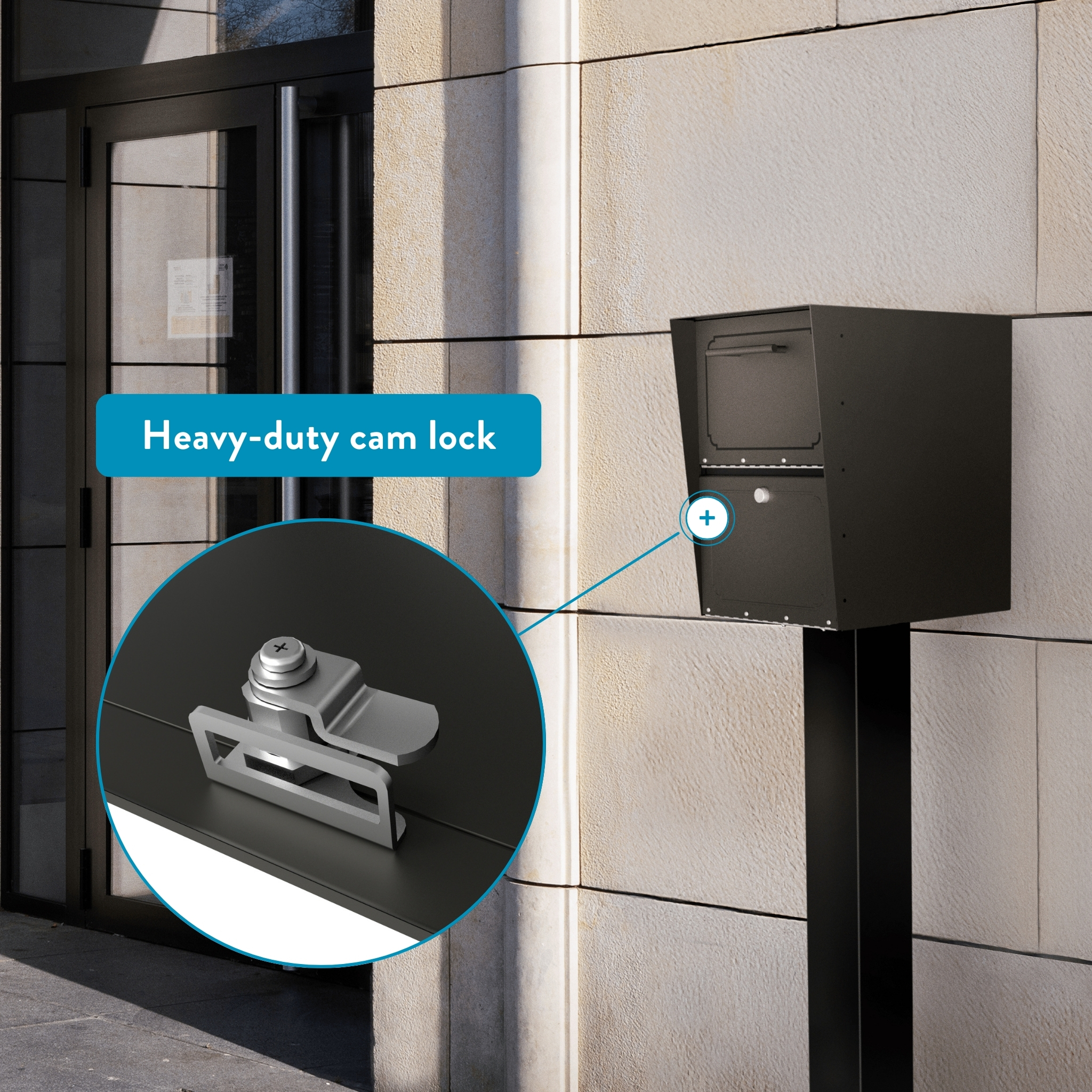 Wall-mounted mailbox on a building facade with a highlighted heavy-duty cam lock; inset shows the lock mechanism up close.