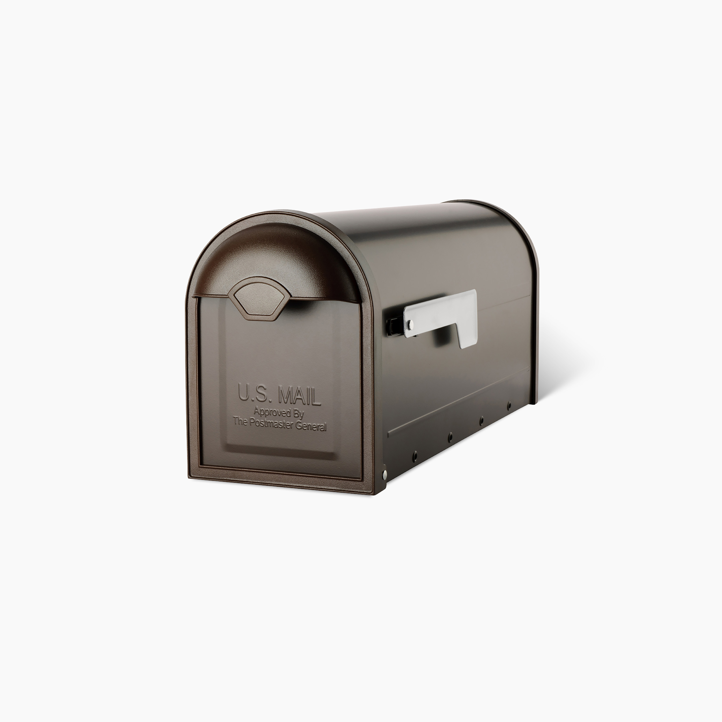 Brown curved-top U.S. Mail mailbox with a front door and side flag.