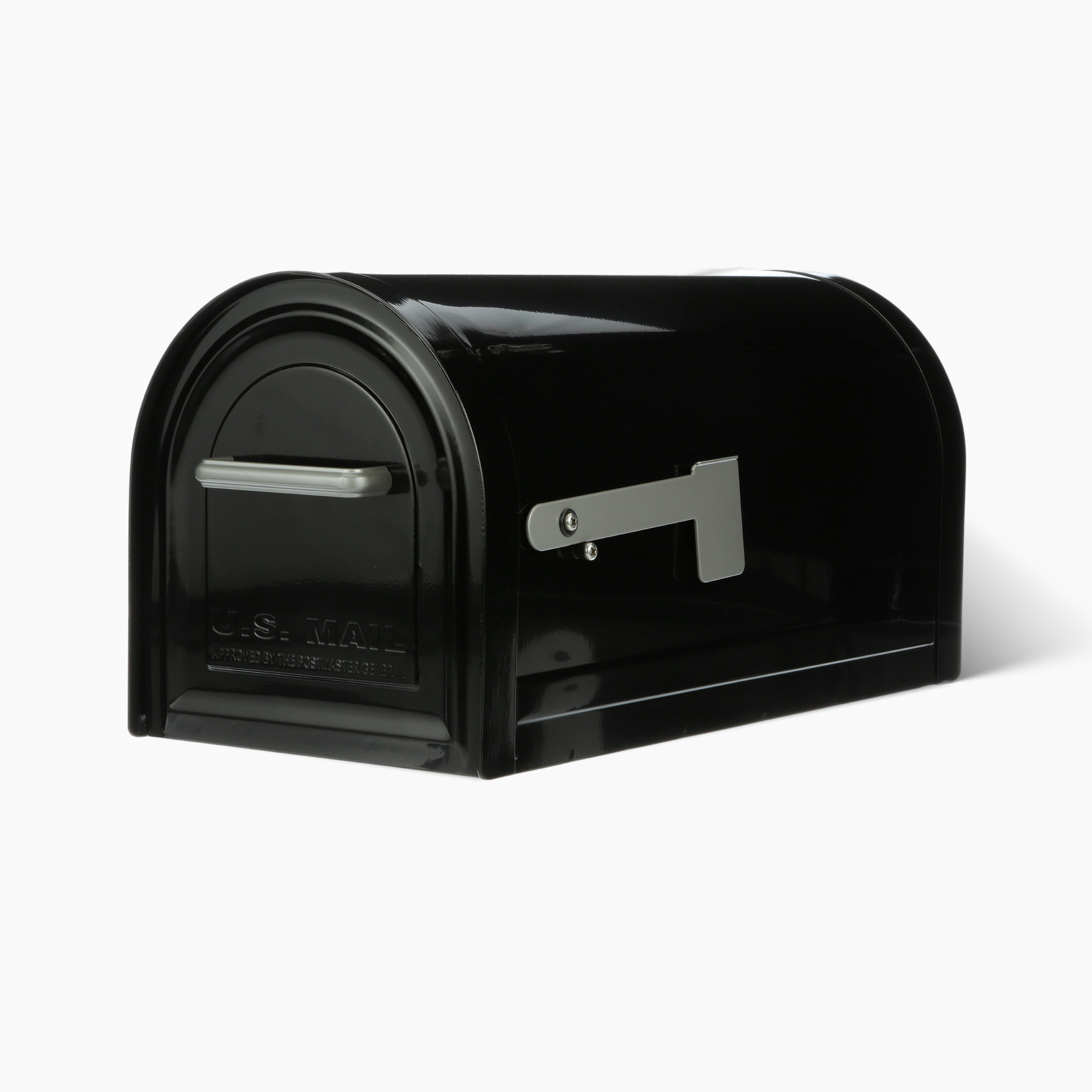 Black glossy metal curbside mailbox with a silver flag on the side.