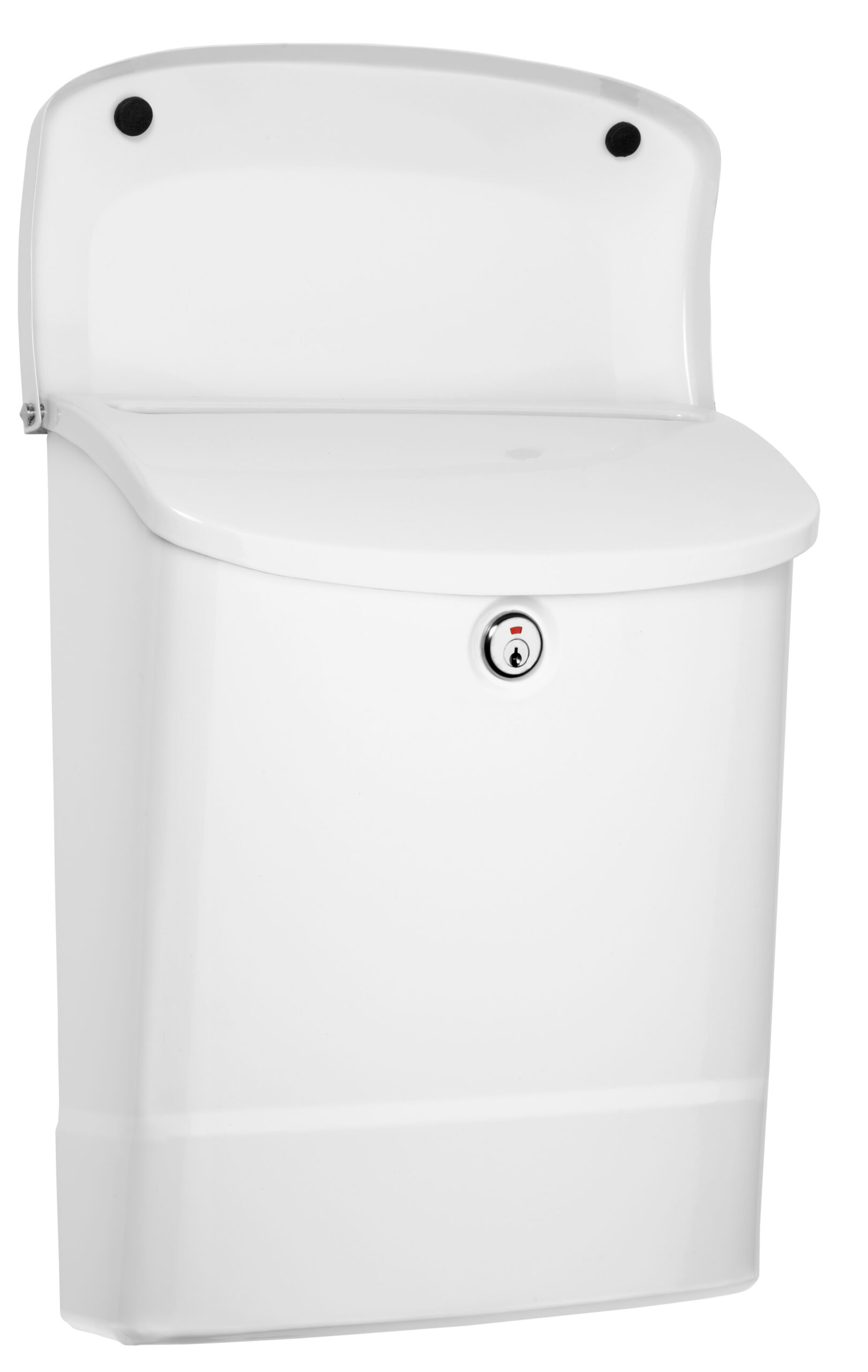 White one-piece toilet with the lid raised and a chrome flush button on the tank front.