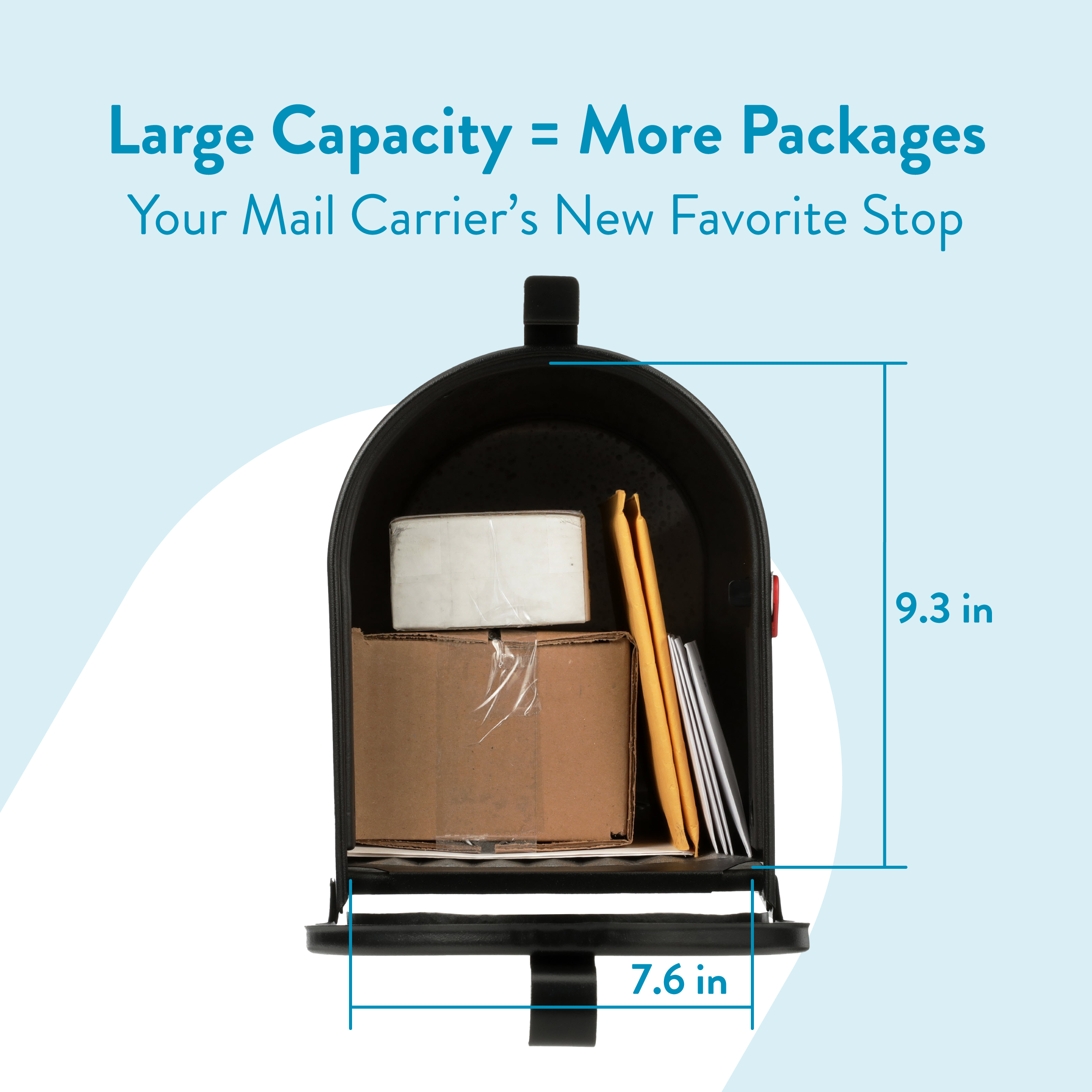 Mailbox with stacked packages and envelopes inside, highlighting a large capacity for more packages, with size measurements 9.3 in by 7.6 in shown on the side.
