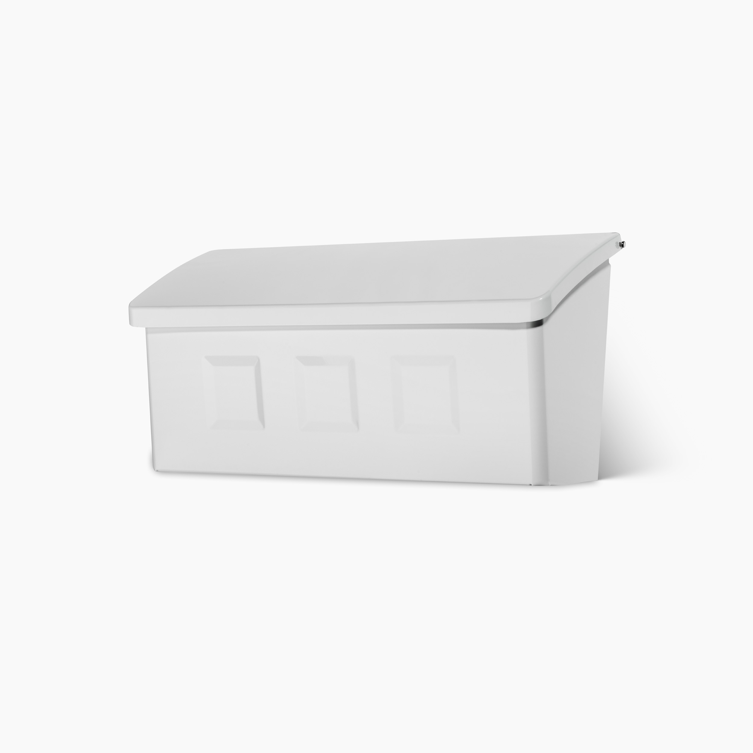 White plastic storage box with a hinged lid on a white background that suggests organization or storage use