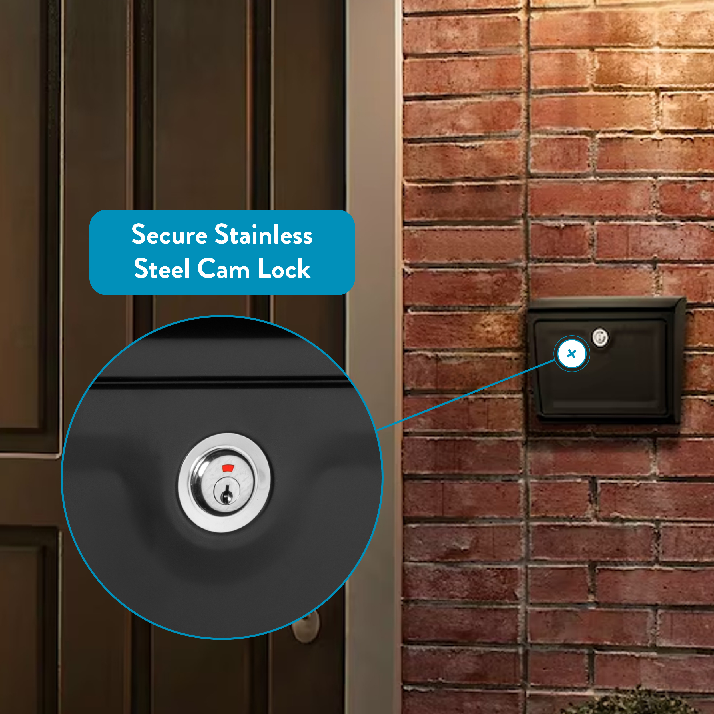 Close-up of a stainless steel cam lock on a dark door with a blue label reading 'Secure Stainless Steel Cam Lock'.