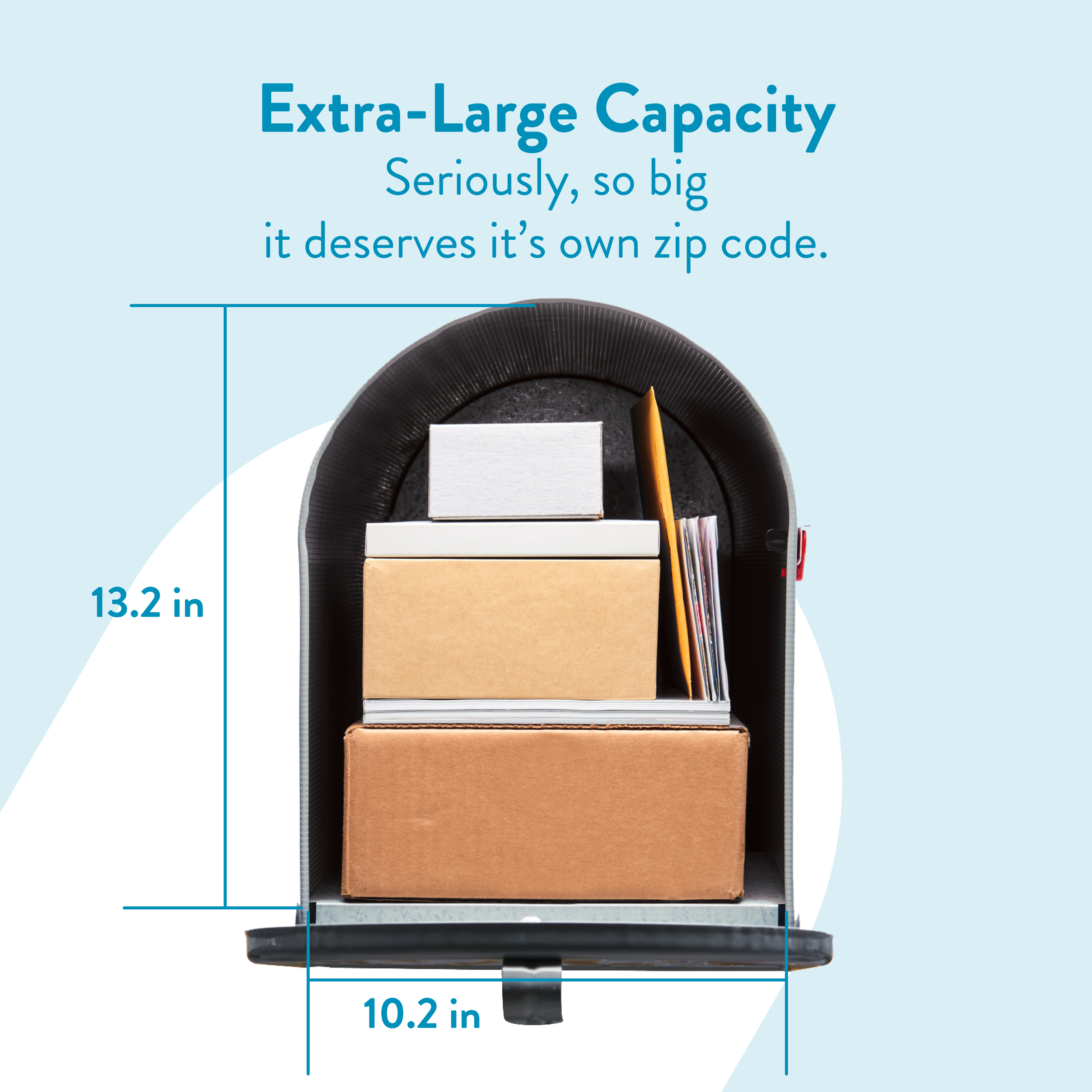 Mailbox filled with stacked packages and envelopes to illustrate extra-large capacity of the unit.
